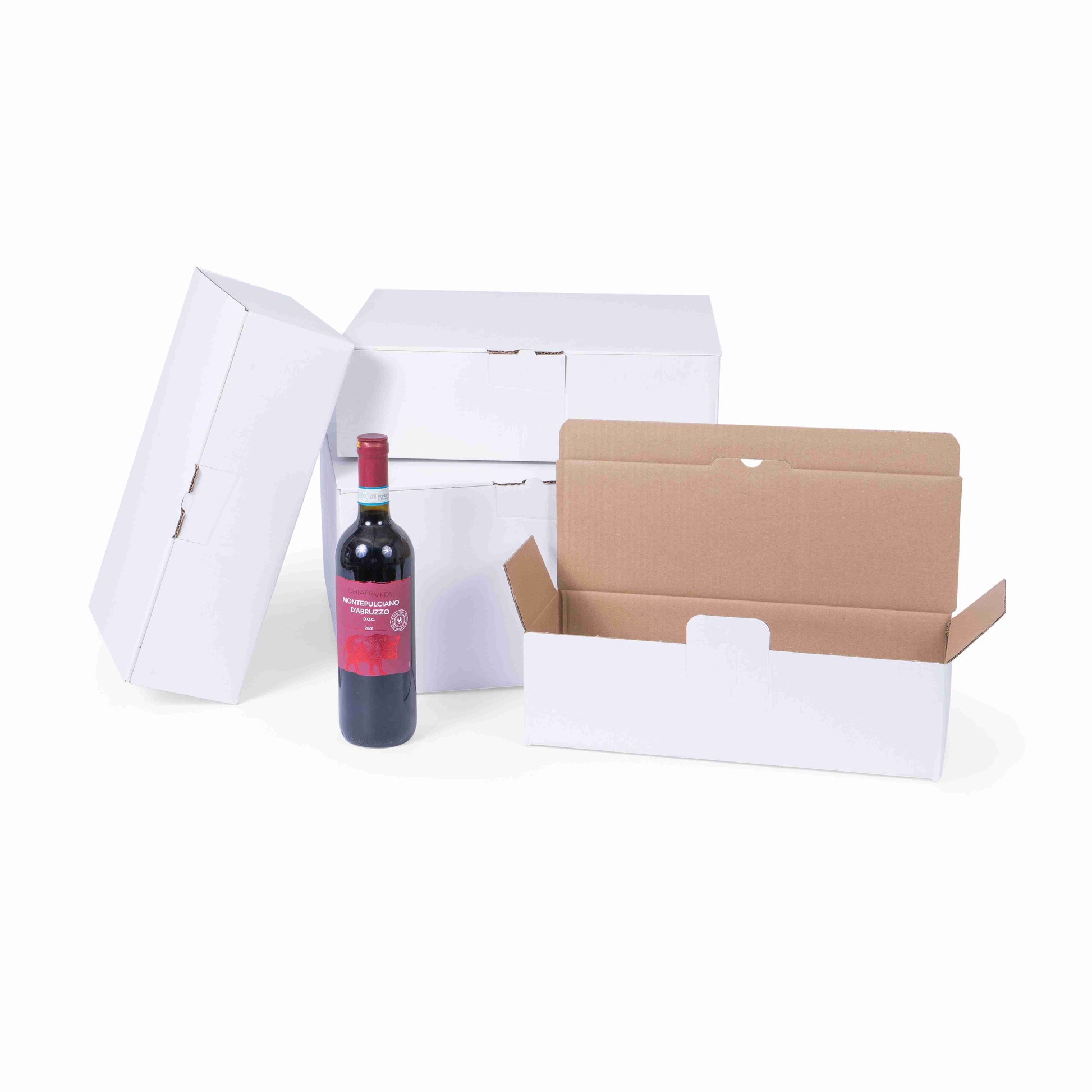 Model Versandkarton – für 2 Flaschen à 0,75 l (Ø 85 mm, bis 324 mm Höhe) – 373 × 224 × 103 mm, 2-wellig, weiss