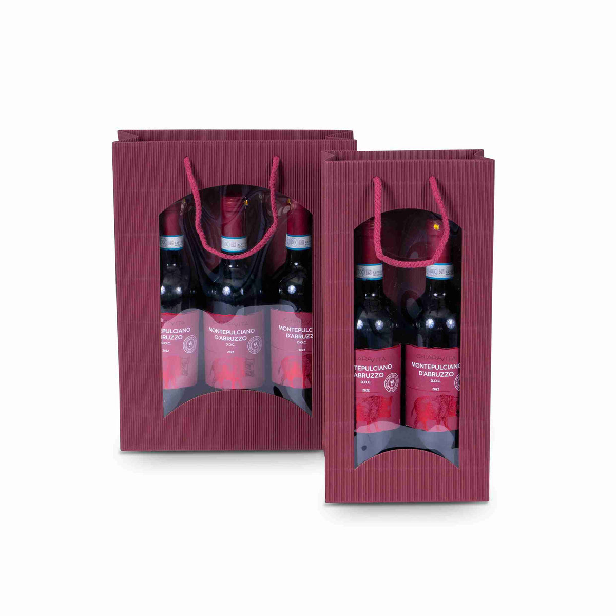 Model Geschenktasche für 3 Flaschen – 25 × 8,5 × 36 cm, offene Welle, Bordeaux, mit Sichtfenster