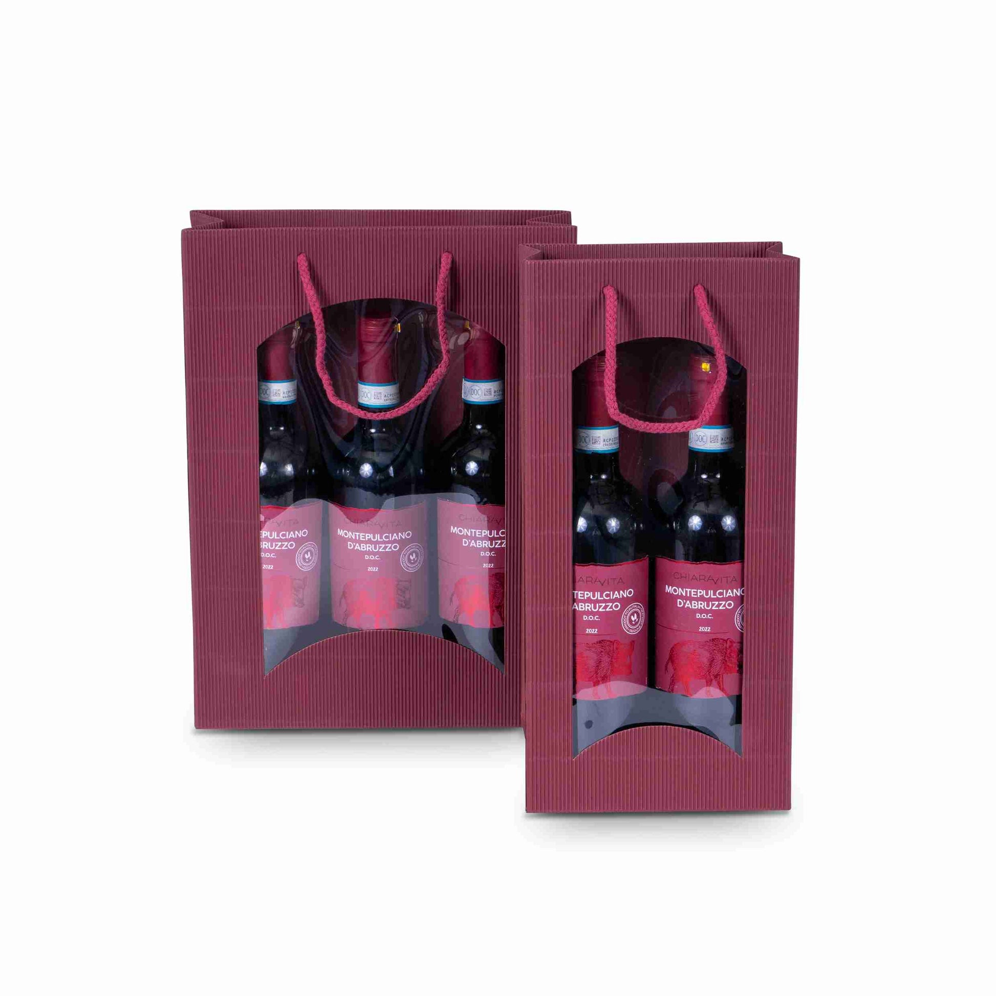 Model Geschenktasche offene Welle mit Sichtfenster bordeaux – 170 × 360 × 85 mm – 1 Stk., ab 50 Stk.