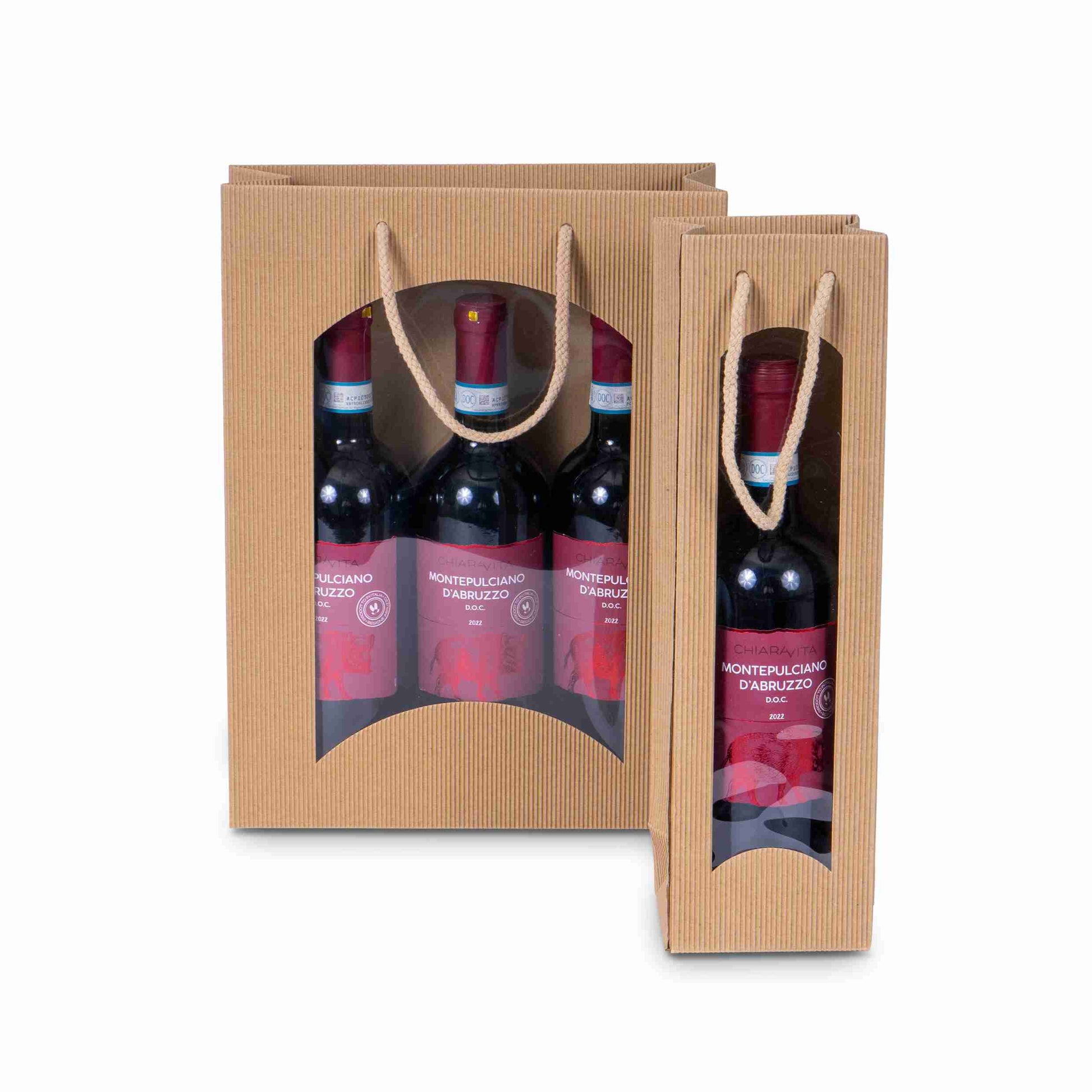Flaschentüte mit Sichtfenster, offene Welle natur – 100 × 360 × 85 mm – für 1 Flasche – 1 Palette (2'160 Stk.)
