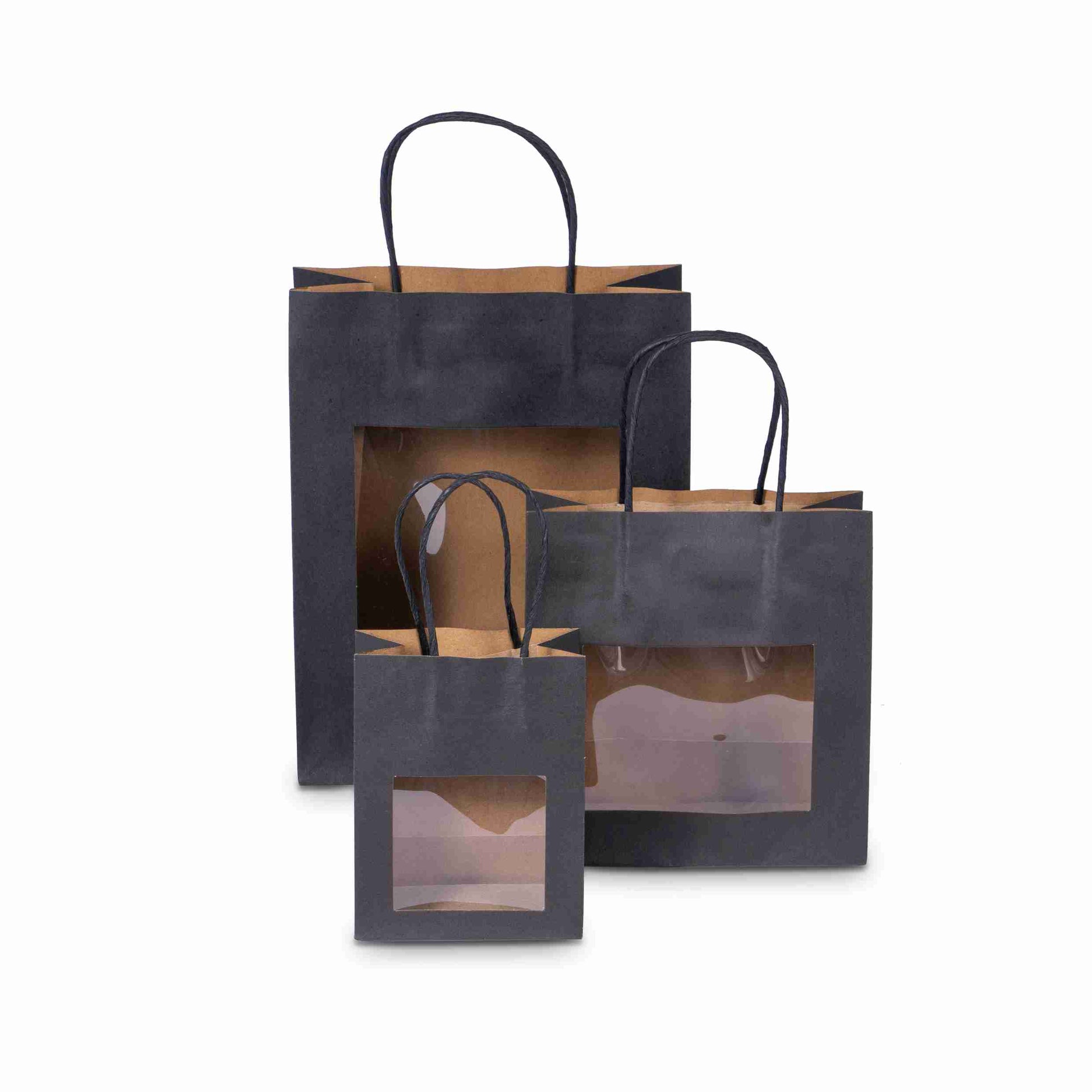 Model Geschenktasche schwarz – 115 × 147 × 65 mm – mit Sichtfenster, mit Kordel – 1 Stk., ab 100 Stk.