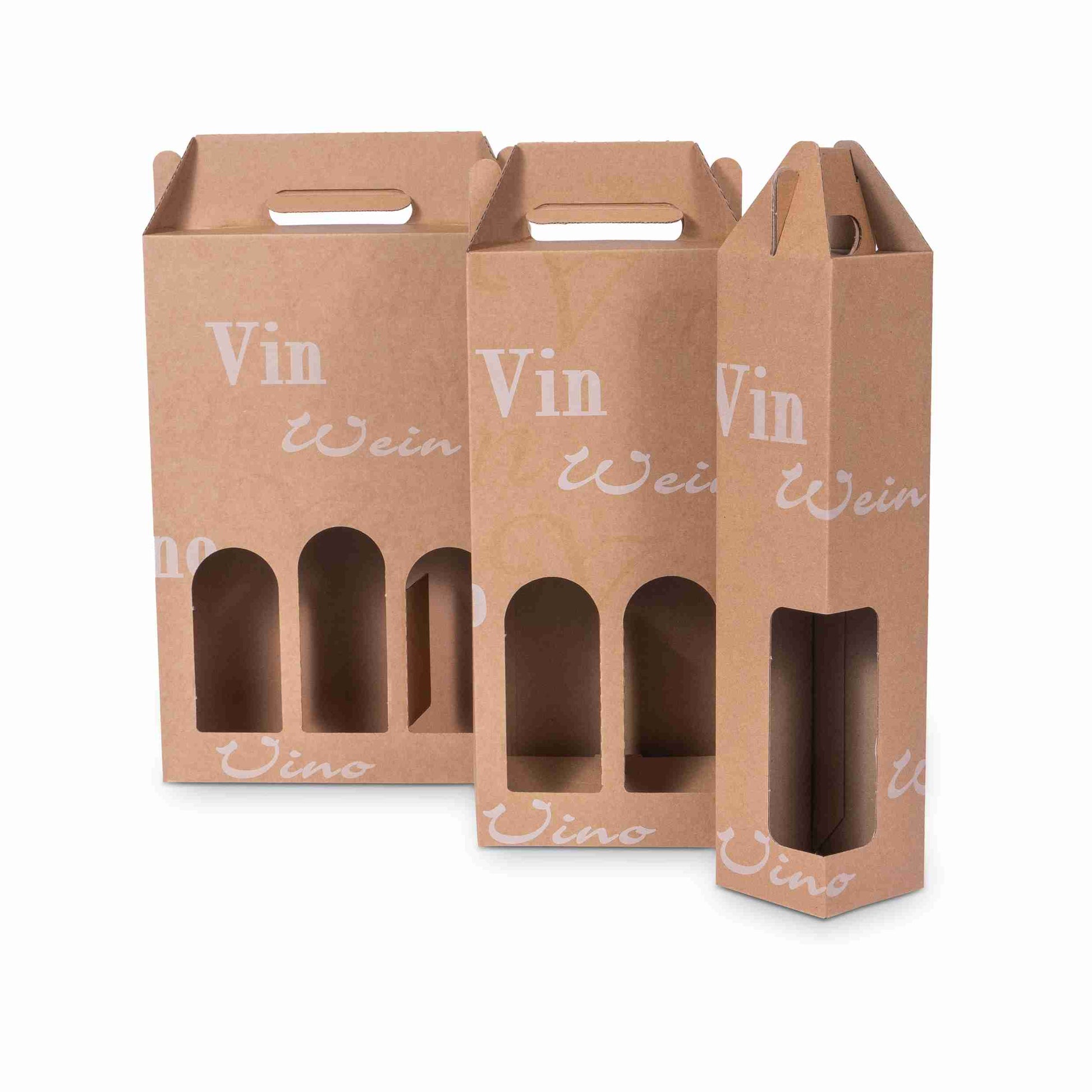 Weinpräsentkarton Scripto braun – Innenmass 166 × 362 × 82 mm – für 2 Flaschen – 1 Palette (5'250 Stk.)