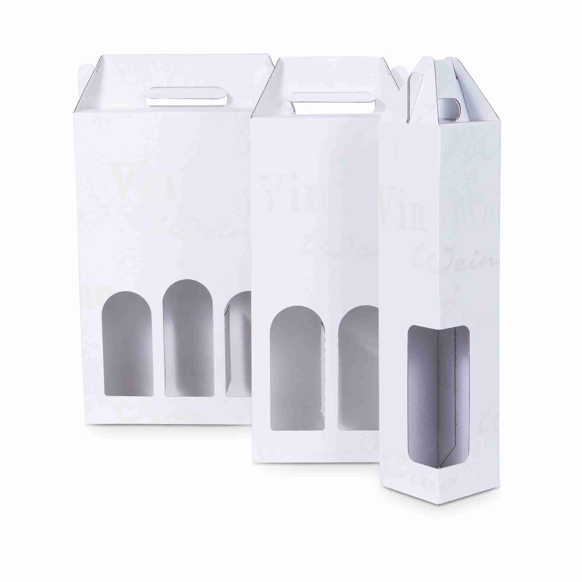 Model Weinpräsentkarton weiss – Innenmass 248 × 362 × 82 mm – mit Sichtfenster – für 3 Flaschen – 1 Stk., ab 500 Stk.