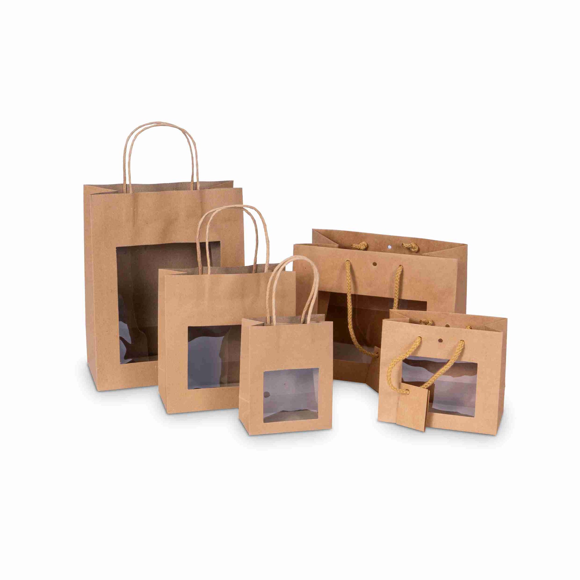 Model Geschenktasche Papier, braun – 160 × 80 × 140 mm – mit Sichtfenster, Blockboden – 1 Stk., ab 24 Stk.