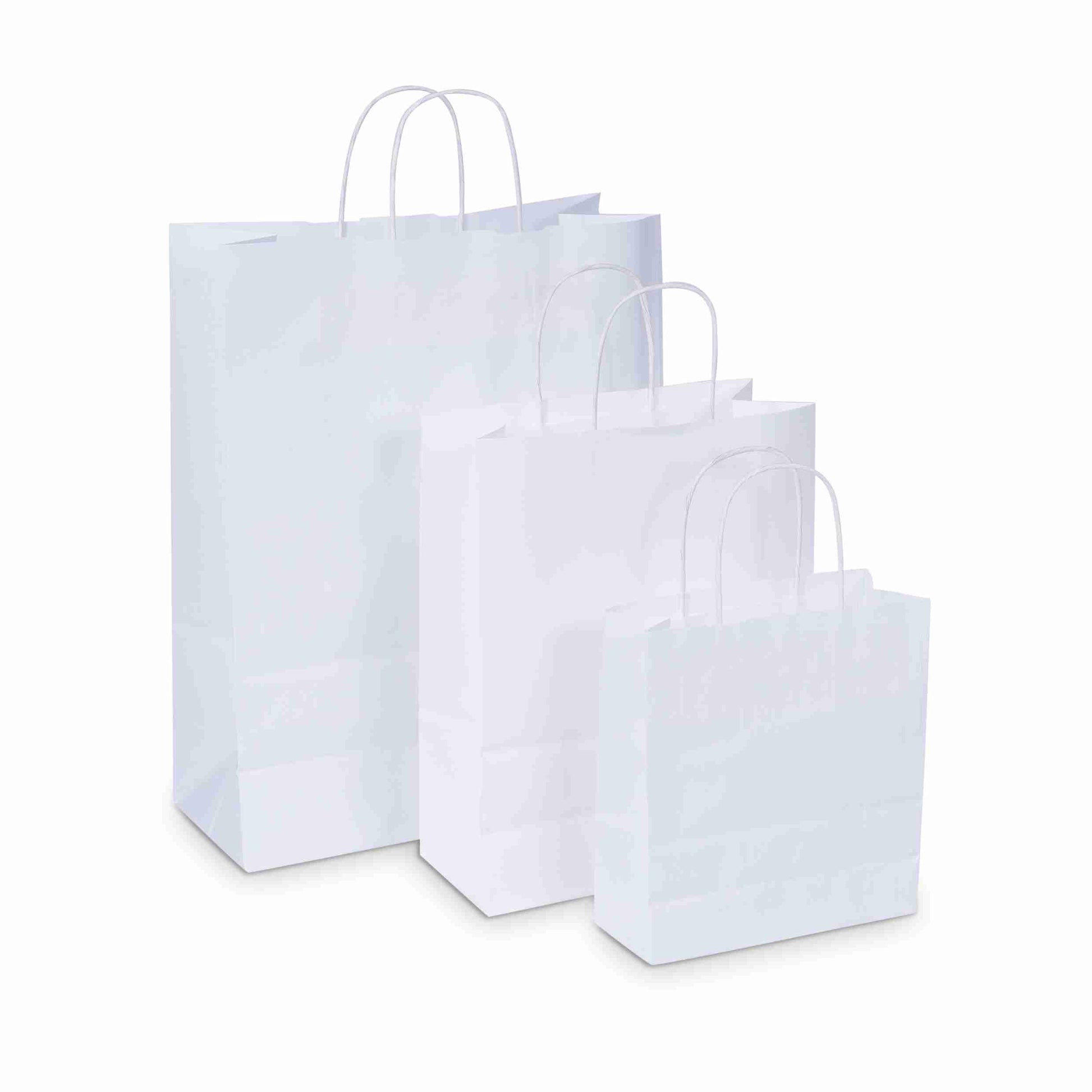 Model Geschenktasche Kraftpapier weiss – 190 × 210 × 80 mm – stabiler Tragegriff, ohne Fenster – 1 Stk., ab 500 Stk.