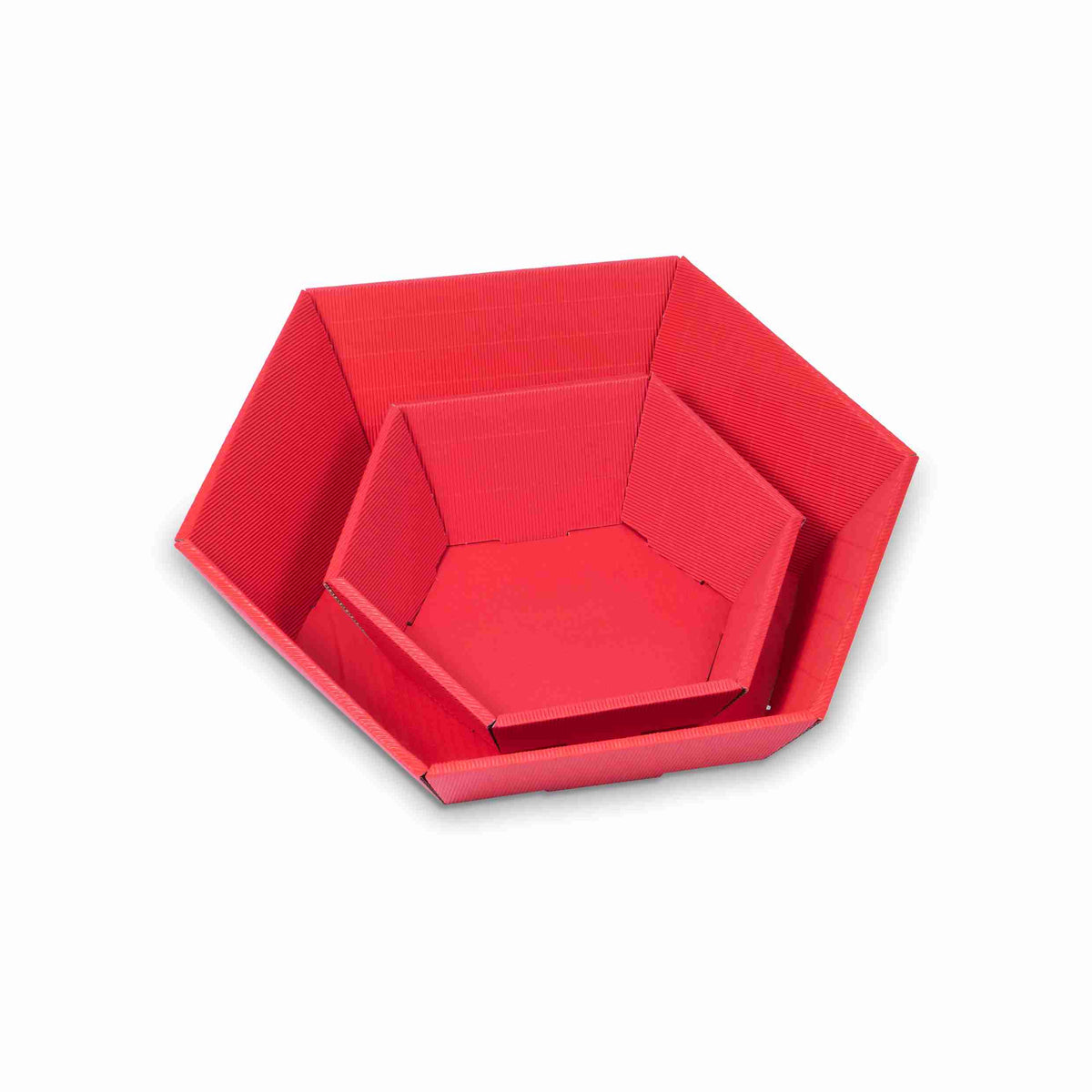 Model Sechseckiger Geschenkkorb – Rot – Wellkarton, offene Welle – 465 × 415 × 90 mm