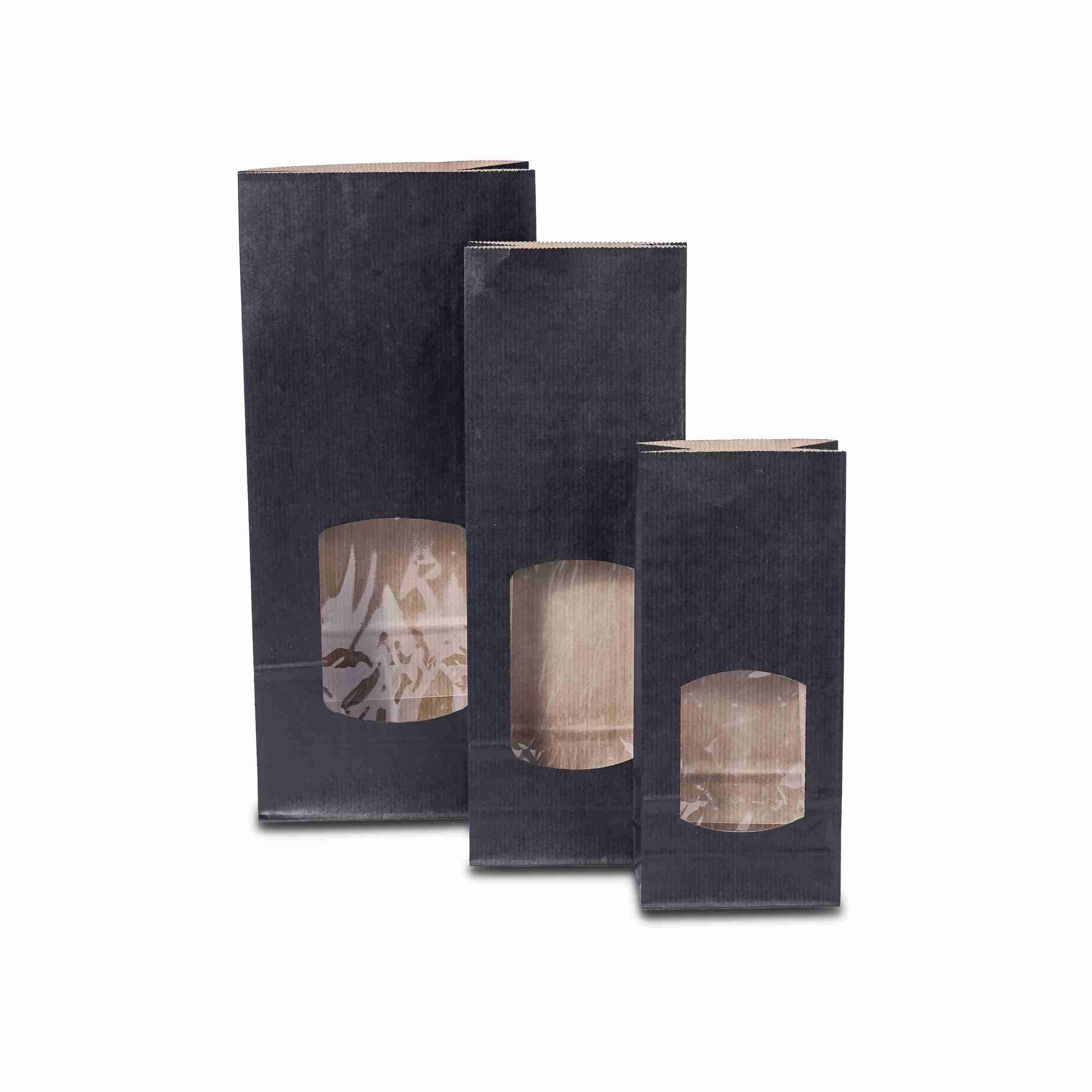 Model Geschenkbeutel Kraftpapier schwarz – 85 × 210 × 50 mm – Sichtfenster – 1 Palette (43'200 Stk.)