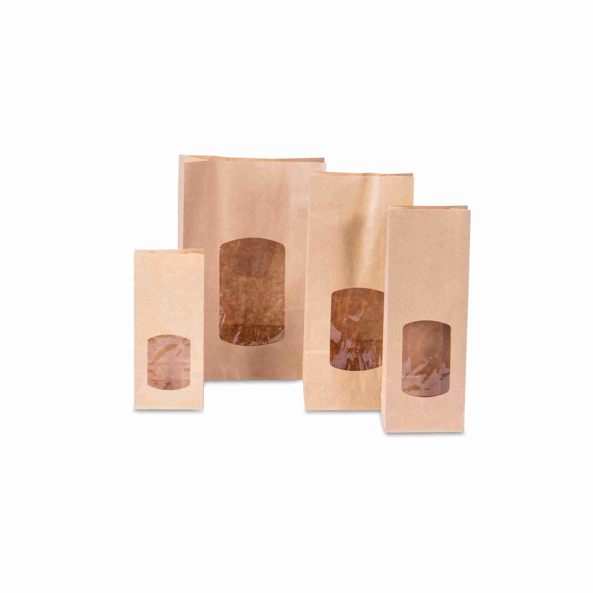 Model Beutel – 85 × 50 × 210 mm, braun, Kraftpapier, Sichtfenster, lebensmittelecht – 1 Palette (43'200 Stk.)