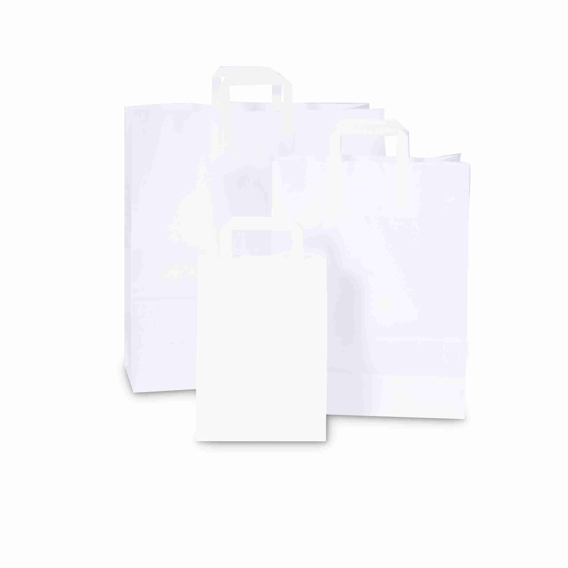 Model Papiertragetasche – 200 × 280 × 100 mm, weiss, papier, mit Flachhenkel – 1 Stk., ab 750 Stk.