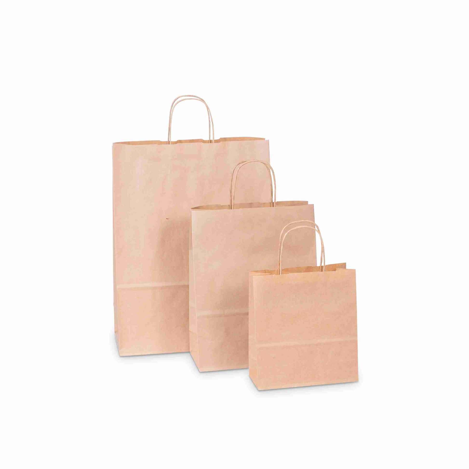 Model Papiertragetaschen Kraftpapier braun – 240 × 310 × 110 mm – gedrehte Kordel – 1 Stk., ab 600 Stk.