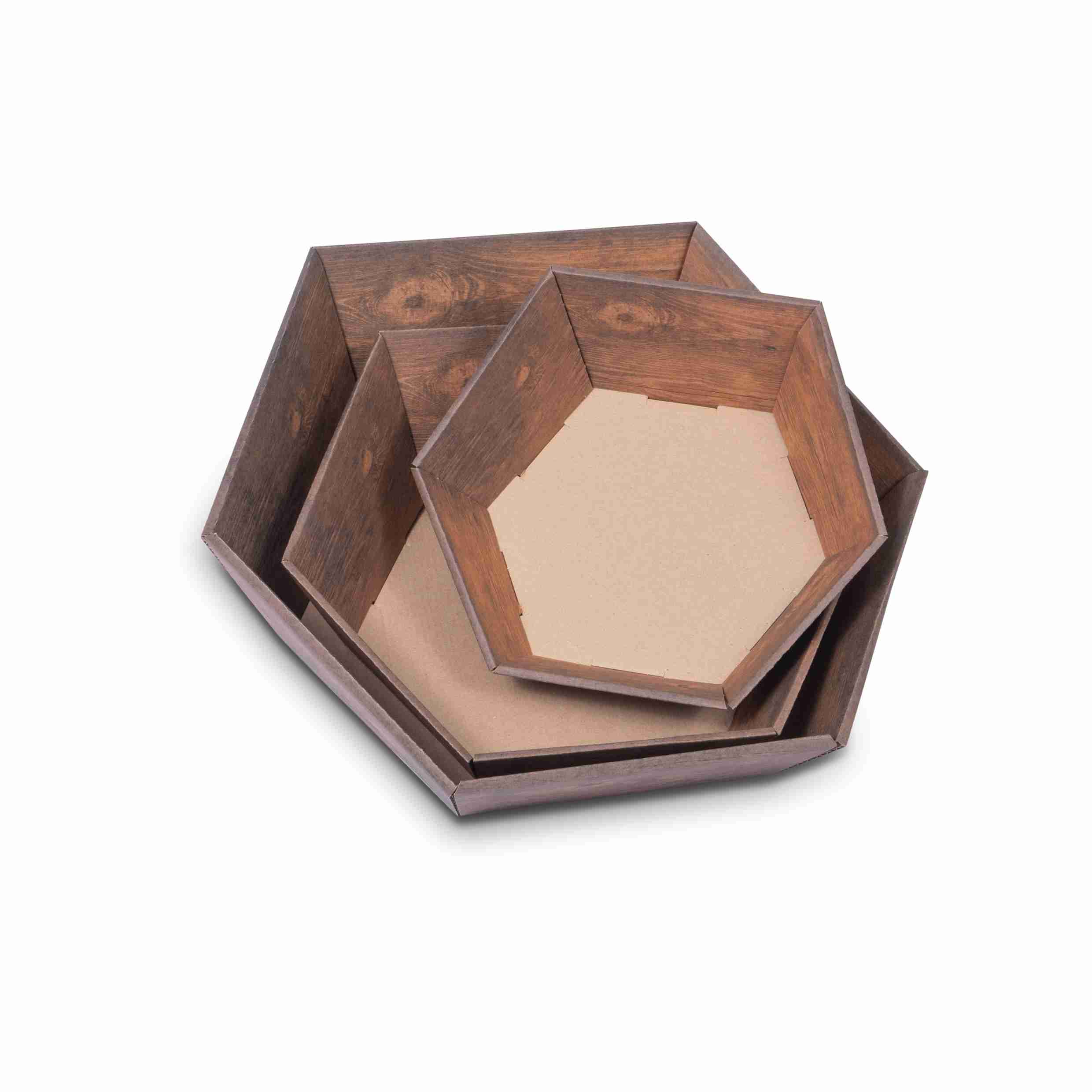 Geschenkbox sechseckig dunkle Holzoptik, Wellpappe – 155 × 162 × 74 mm – mit Druck – 1 Stk., ab 20 Stk.