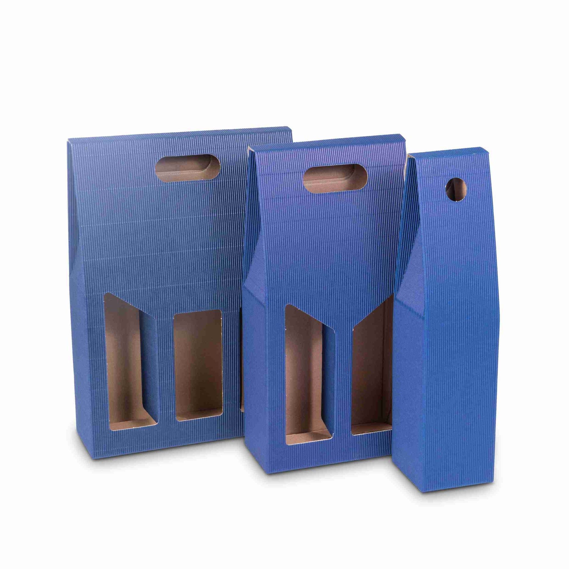 Weinpräsentkarton Wellpappe blau – Innenmass 180 × 385 × 90 mm – mit Tragegriff – für 2 Flaschen – 1 Stk., ab 200 Stk.