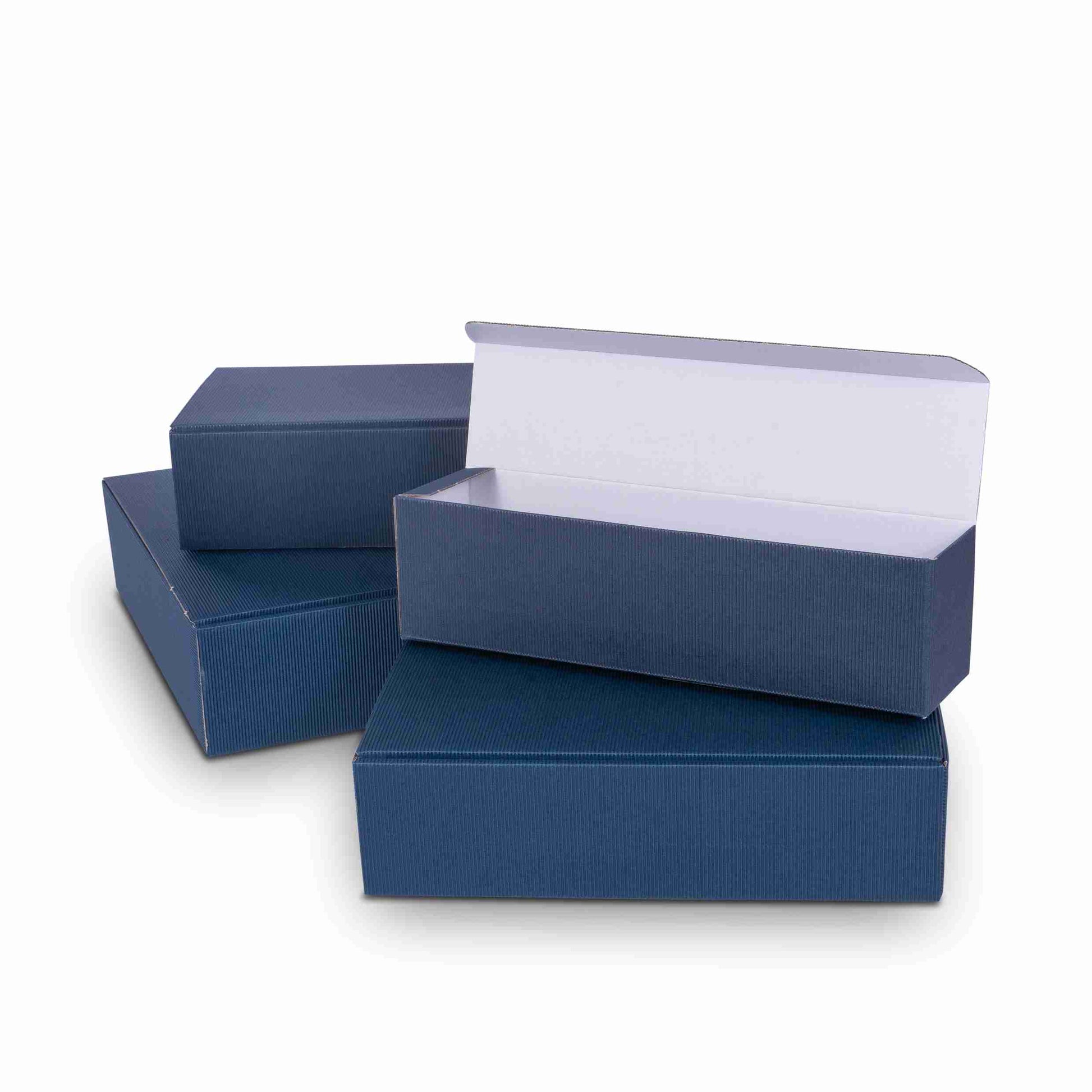 Model Weinpräsentkarton Wellpappe dunkelblau – Innenmass 180 × 360 × 90 mm – für 2 Flaschen – 1 Palette (500 Stk.)
