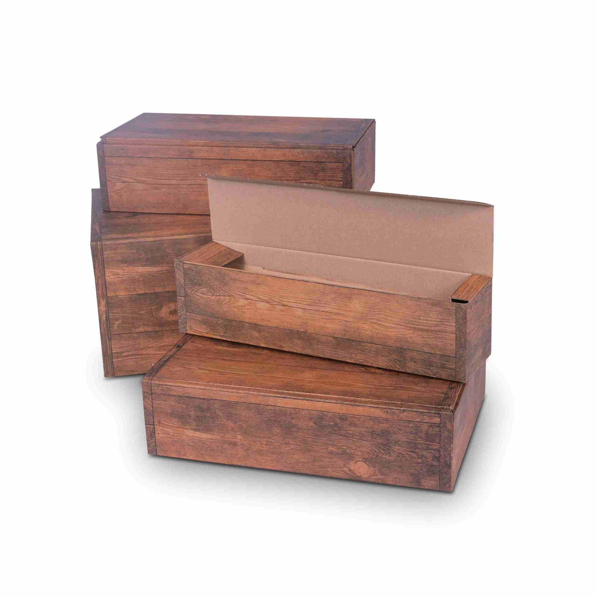 Model Weinpräsentkarton holzfarben – Innenmass 255 × 380 × 195 mm – für 6 Flaschen – 1 Palette (400 Stk.)