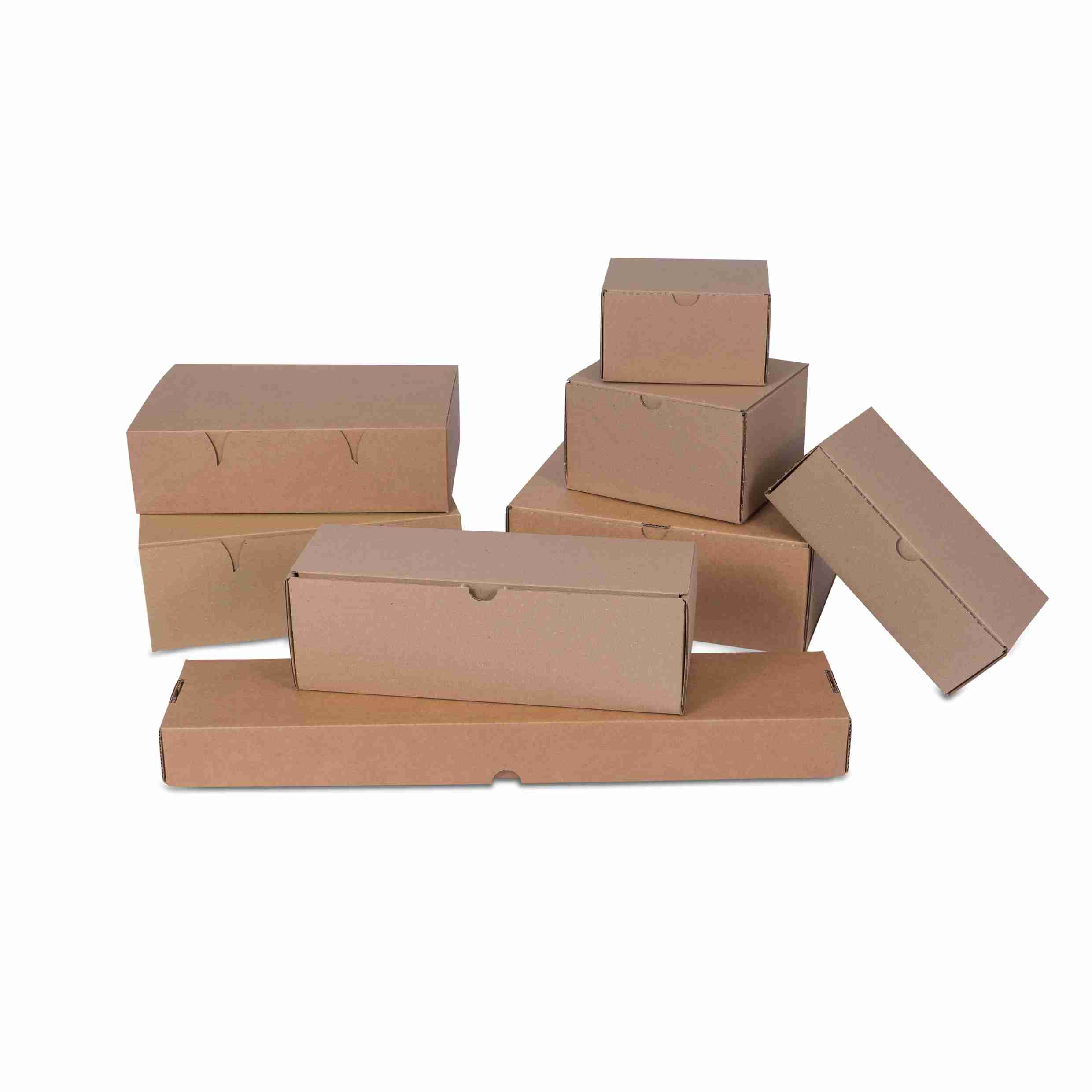 Model Klappdeckelbox – 142 × 120 × 81 mm, braun, Wellkarton, Automatikboden, Deckel – 1 Palette (2'000 Stk.)