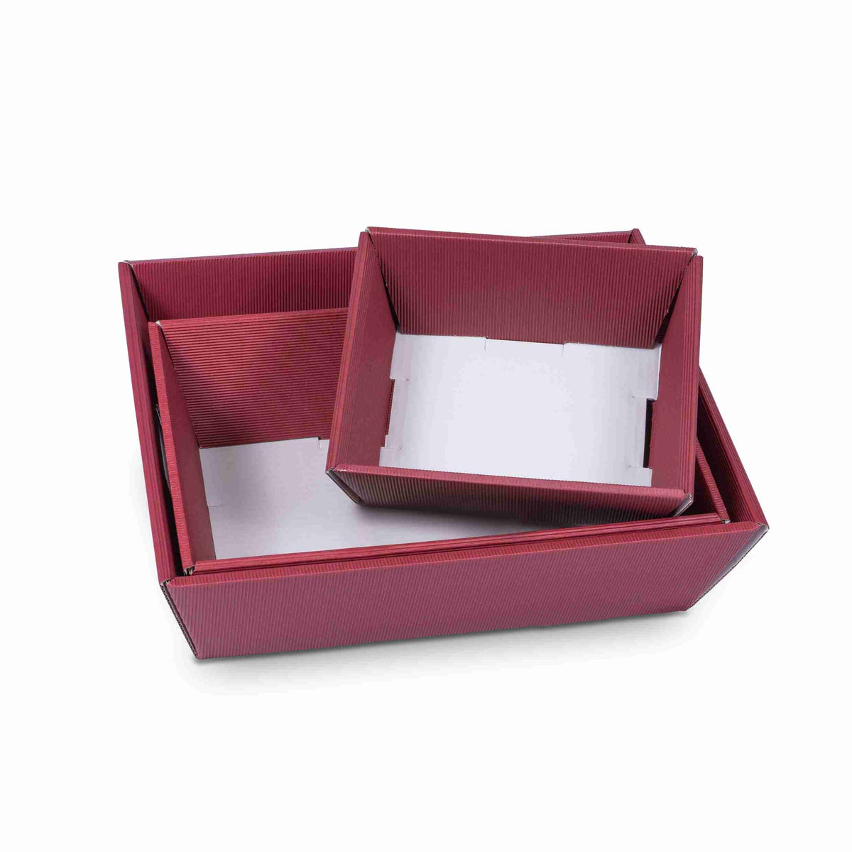 Model Rechteckiger Geschenkkorb – Dunkelrot – Wellkarton, offene Welle, mit Tragegriff – 370 × 280 × 130 mm