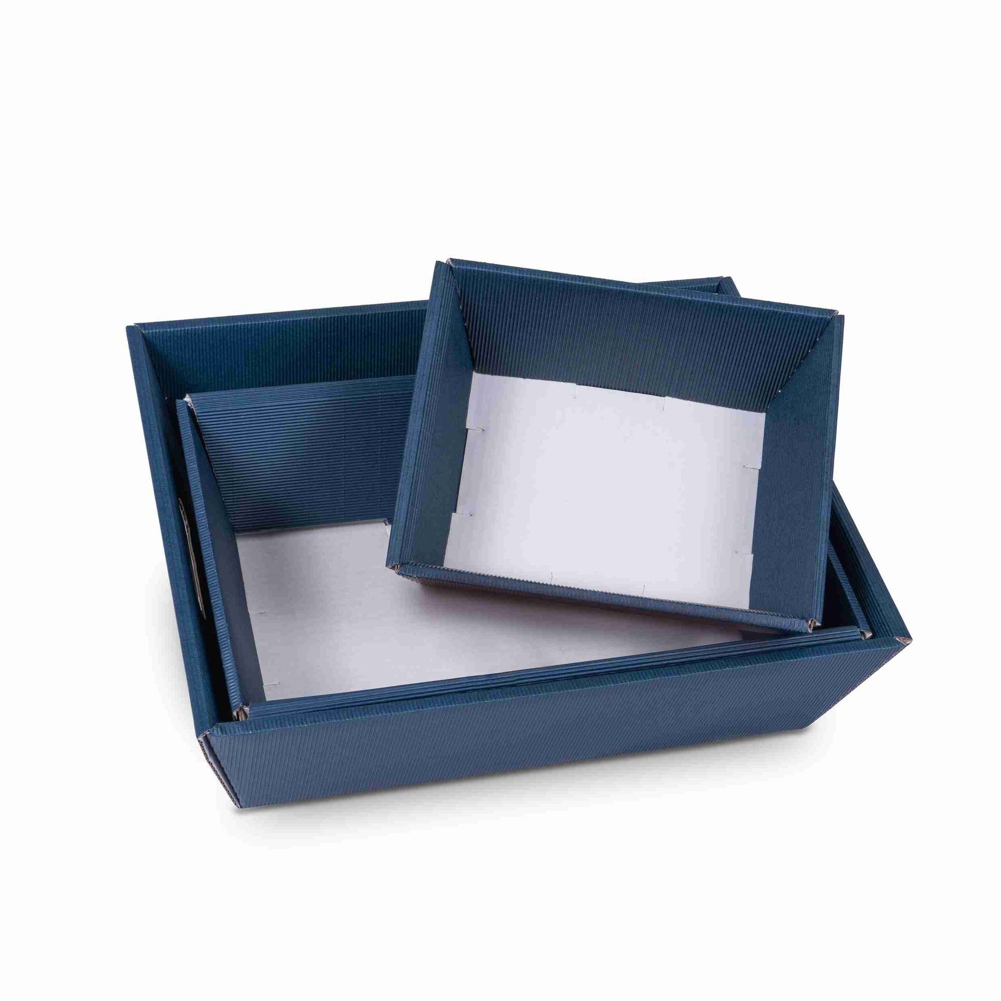 Model Geschenkkorb rechteckig dunkelblau – Innenmass 370 × 280 × 130 mm – mit Grifföffnung – 1 Palette (400 Stk.)