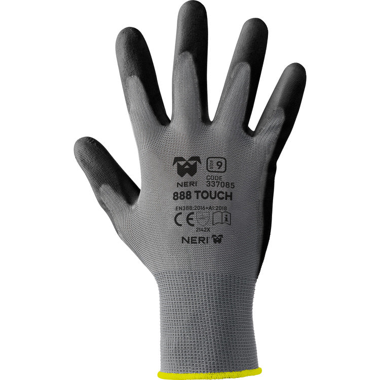 Neri Arbeitshandschuhe 888 TOUCH – Grösse 10 (XL) – Nylon/Polyurethan, Schwarz/Grau, Touchscreen-kompatibel