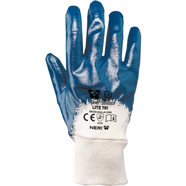Neri Arbeitshandschuhe LITE 781 – Grösse 10 (XL), 12 Paar – Baumwolljersey, NBR-beschichtet, Weiss/Blau
