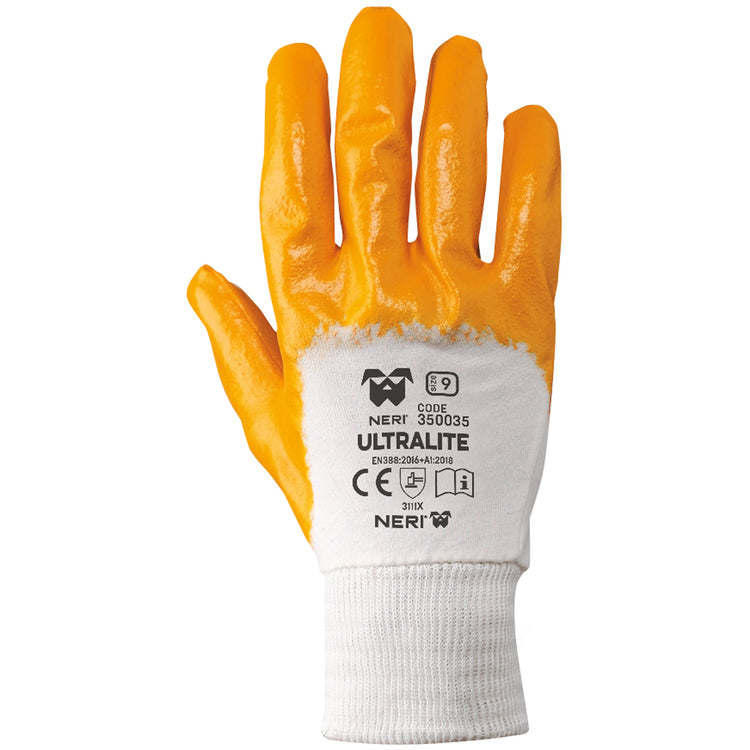 Neri Arbeitshandschuhe, ULTRALITE – Grösse 9 (L) – Baumwolljersey, NBR-beschichtet, Weiss/Gelb