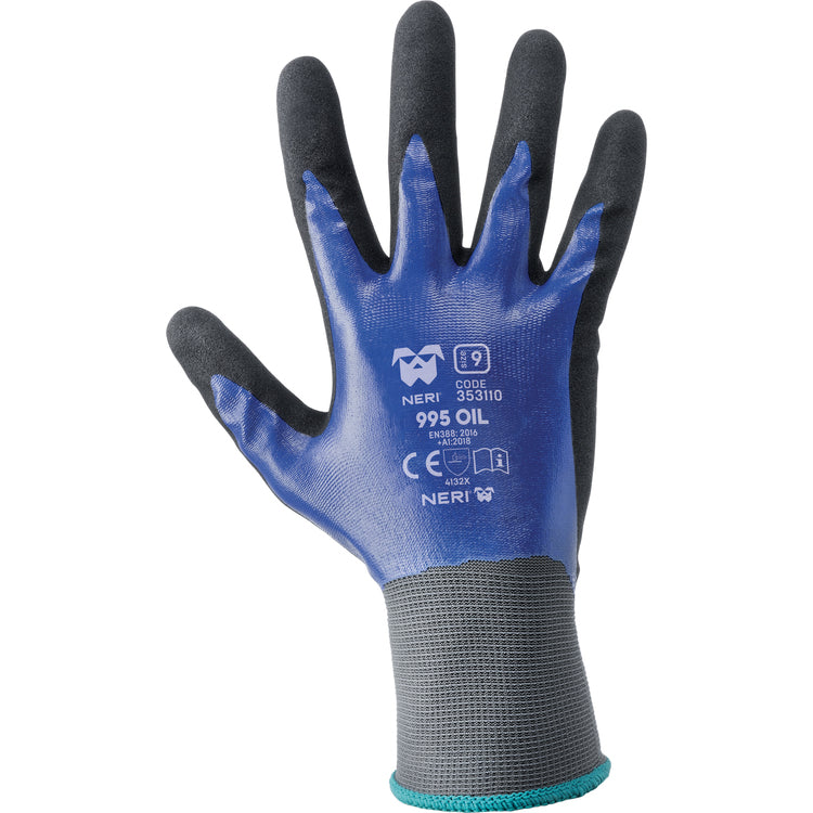Neri Arbeitshandschuhe 995 OIL – Grösse 10 (XL), 1 Paar – Nylon/Nitril, Schwarz/Blau, ölbeständig, rutschfest