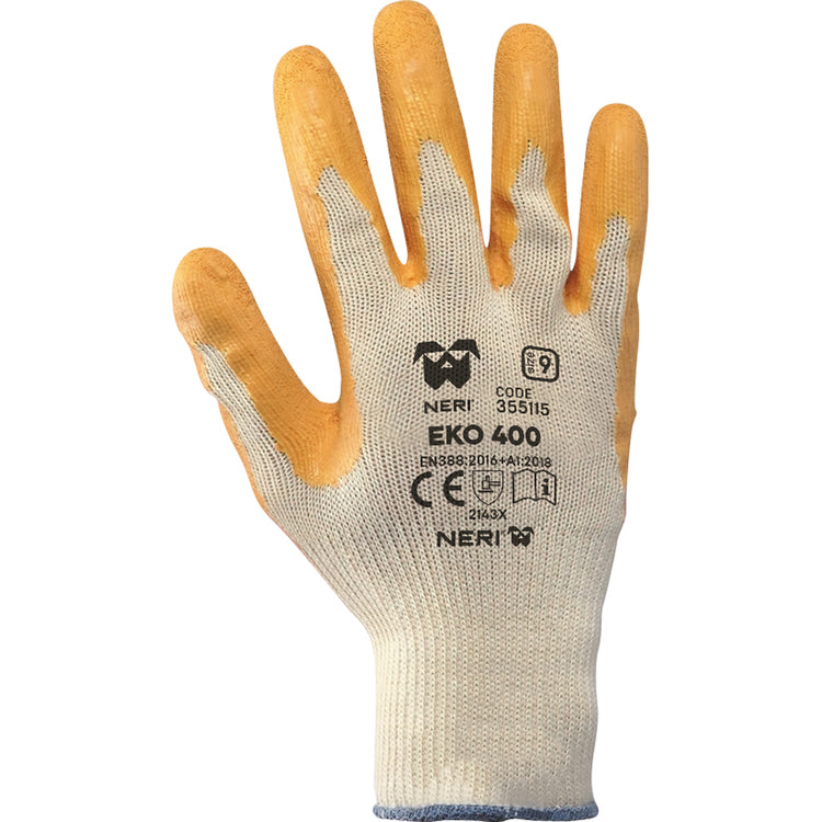Neri Arbeitshandschuhe, EKO 400 – Grösse 10, 1 Paar – Baumwolle/Polyester, Latex-beschichtet, Orange/Gelb