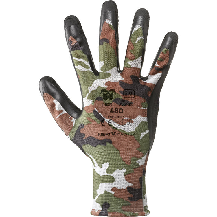 Neri Arbeitshandschuhe 480 – Grösse 9 (L), 12 Paar – Latex-beschichtet, Camouflage/Schwarz, 25 cm