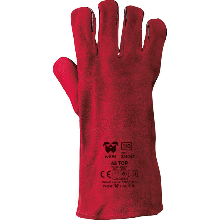 Neri Arbeitshandschuhe 45 TOP – Grösse 10, 1 Paar – Rindspaltleder, EN 12477 Typ A, Rot, 14 cm Stulpe