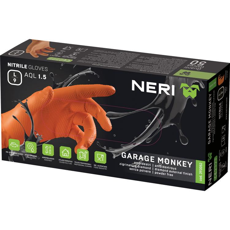 Neri Einweghandschuhe Nitril, Garage Monkey – 50 Stück – Orange, latexfrei, 0,19 mm
