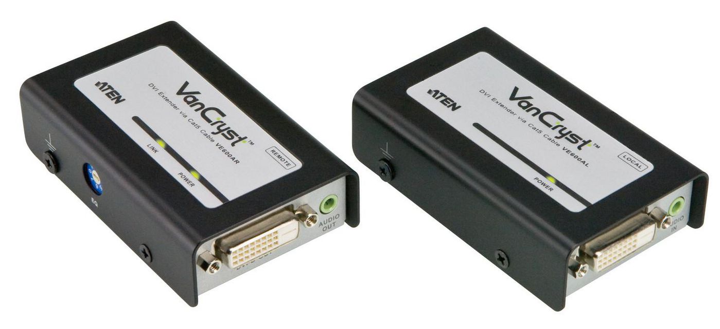 ATEN DVI- & Audio-Extender-Set, über Cat5e, 1× DVI-D In / 1× DVI-D Out, 1920 × 1200, 60 m, HDCP, Schwarz