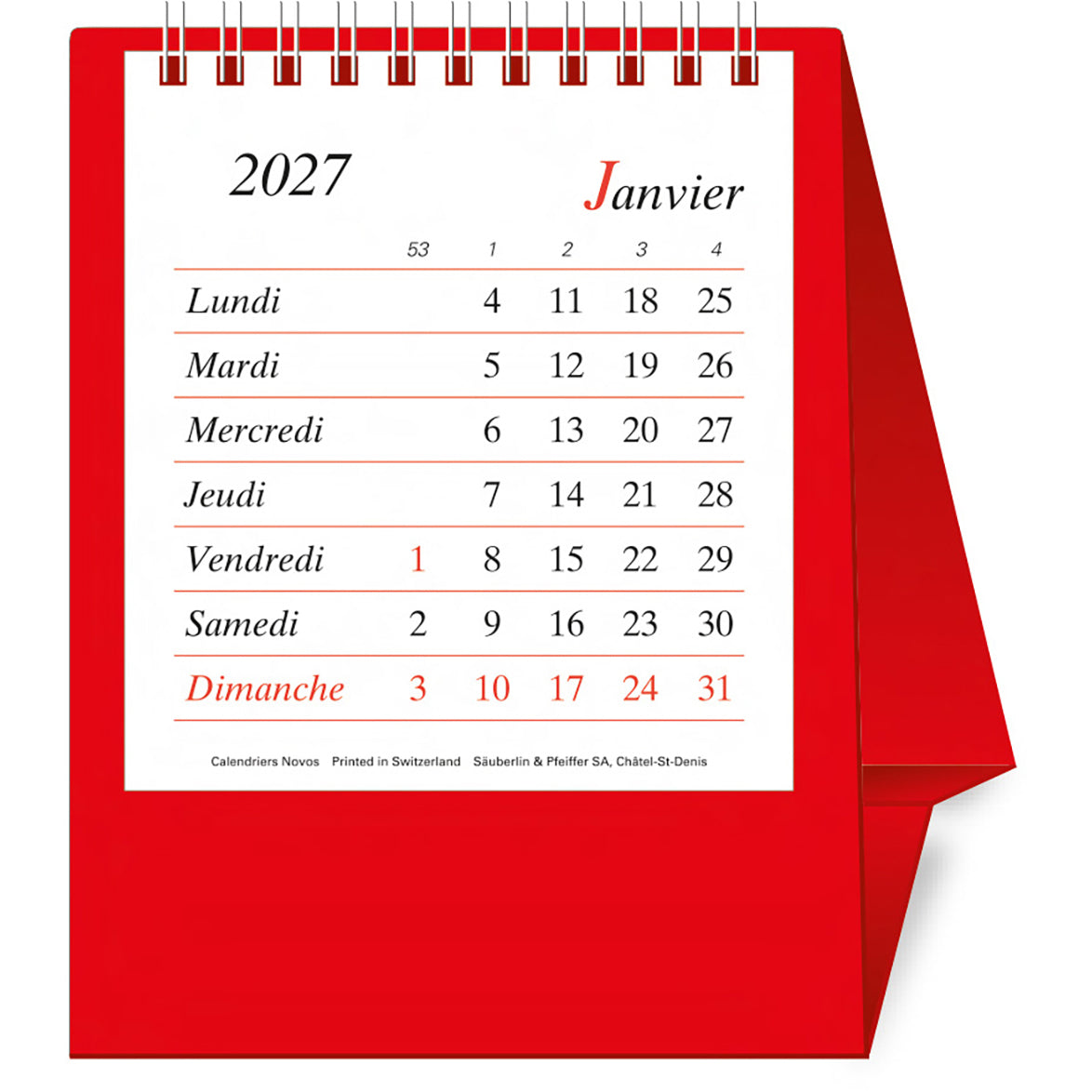 Novos Bristol F. Tischkalender – 1 Monat/Seite, 11,7 × 20,6 cm, 2027, f, rot