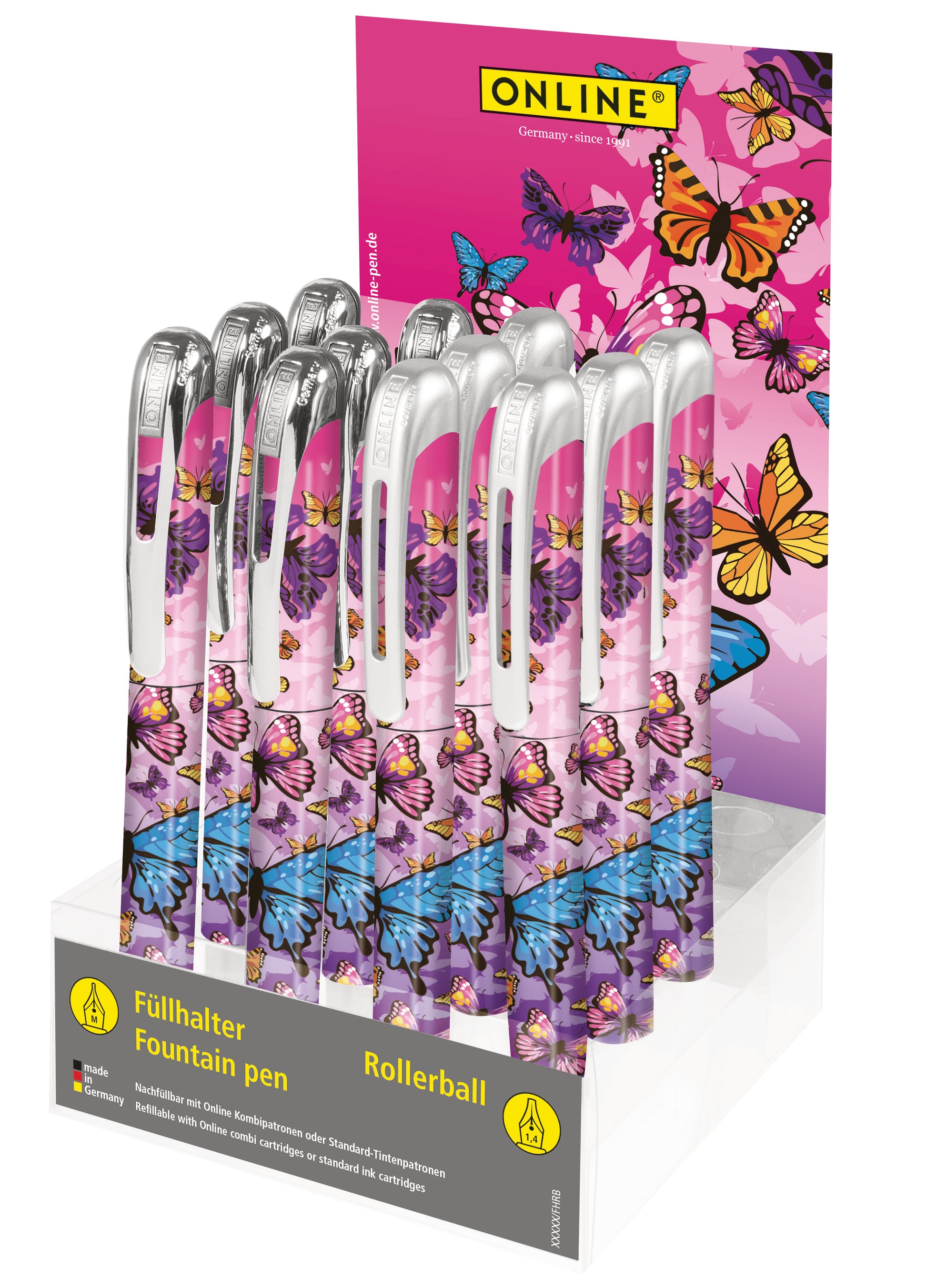Online College Schreibgeräte-Set – Füllfederhalter + Tintenroller – Butterfly, assortiert – 12-teilig