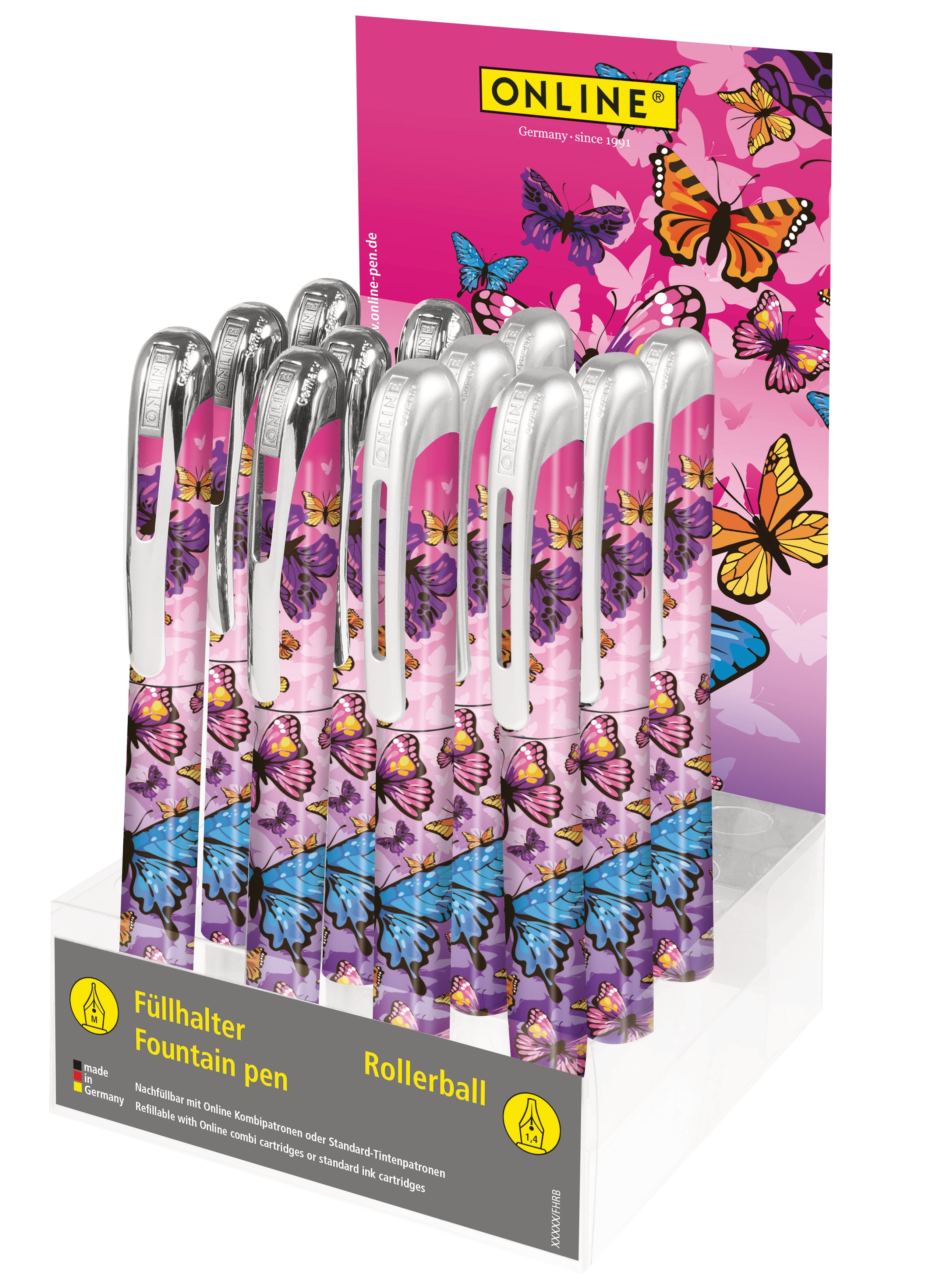Online College Schreibgeräte-Set – Füllfederhalter + Tintenroller – Butterfly, assortiert – 12-teilig