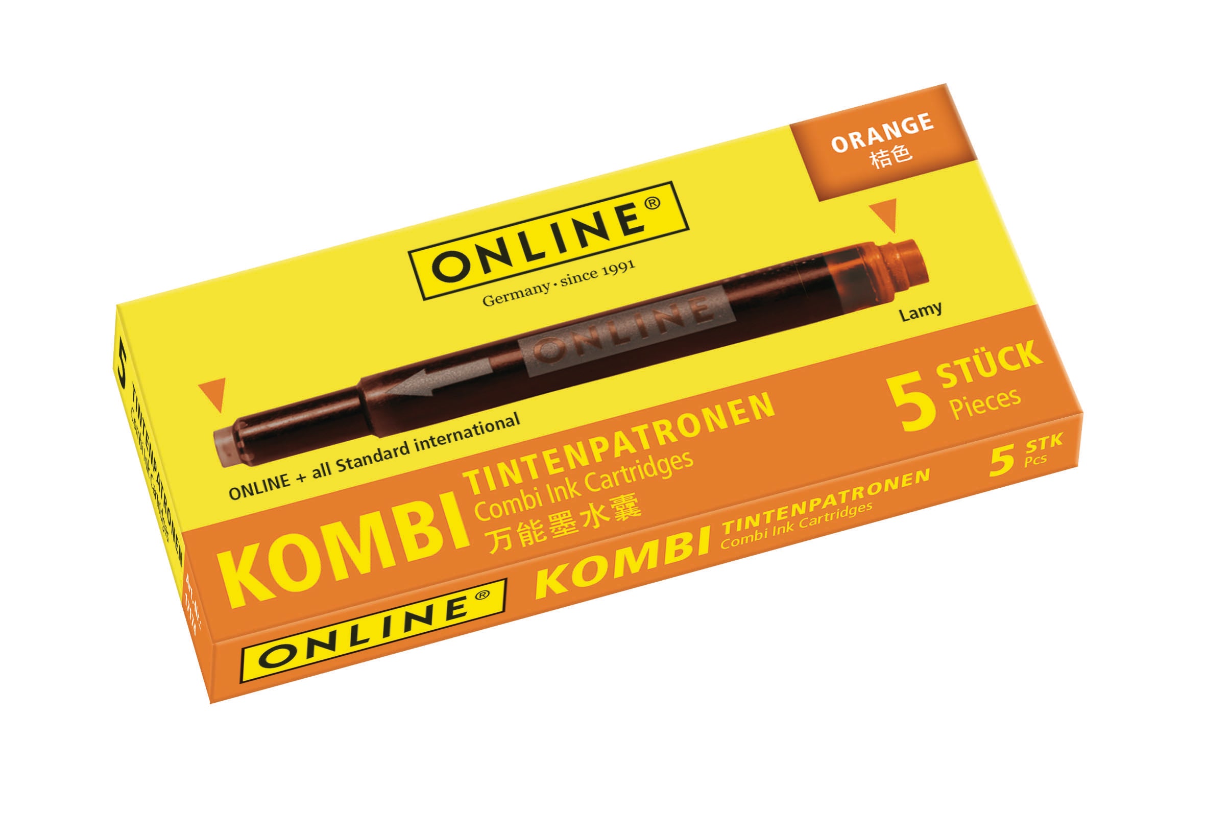 Online Kombi 17174/12 Füllhalter-Patrone – Orange, für ONLINE, Standard-Füllersysteme und LAMY, 5er-Pack