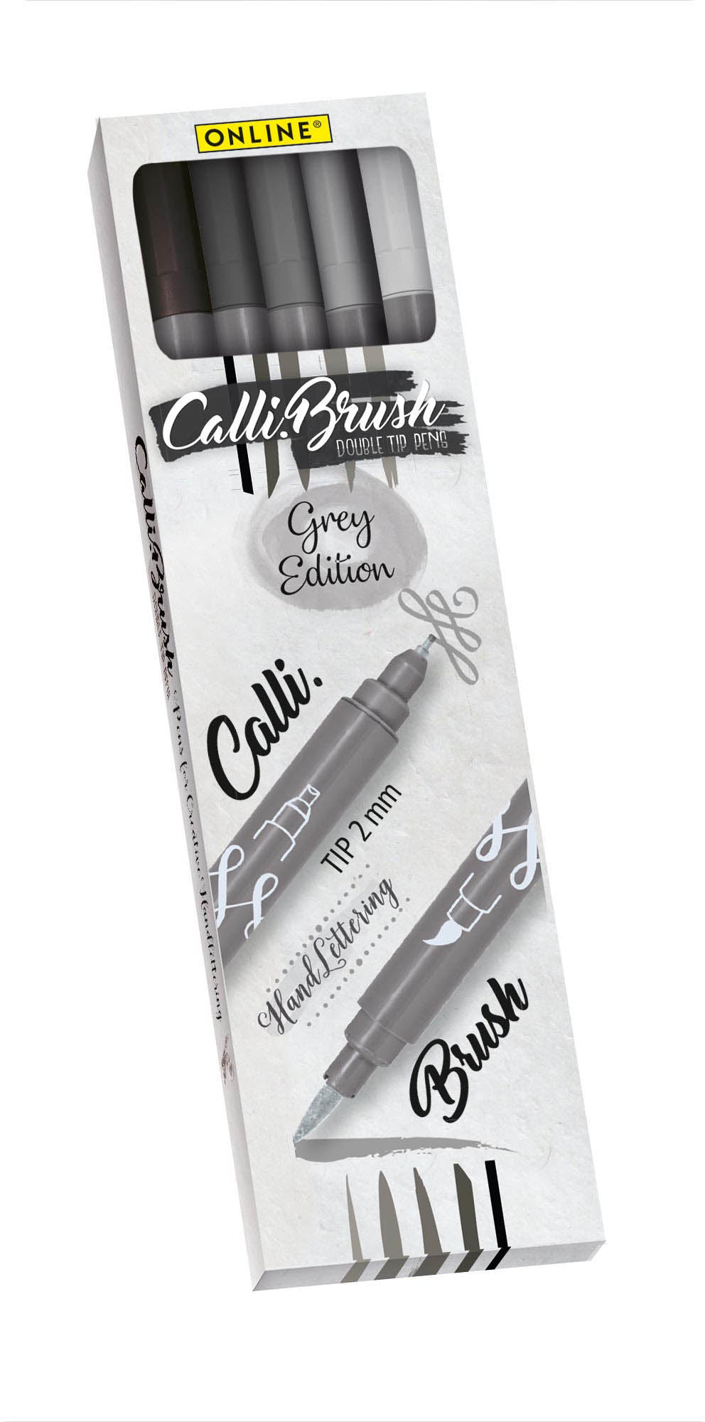 ONLINE Calli Brush Pens Pinselstift, Doppelspitze, Grey Edition – Kombi, 2 mm, wasserbasiert, 5 Farben