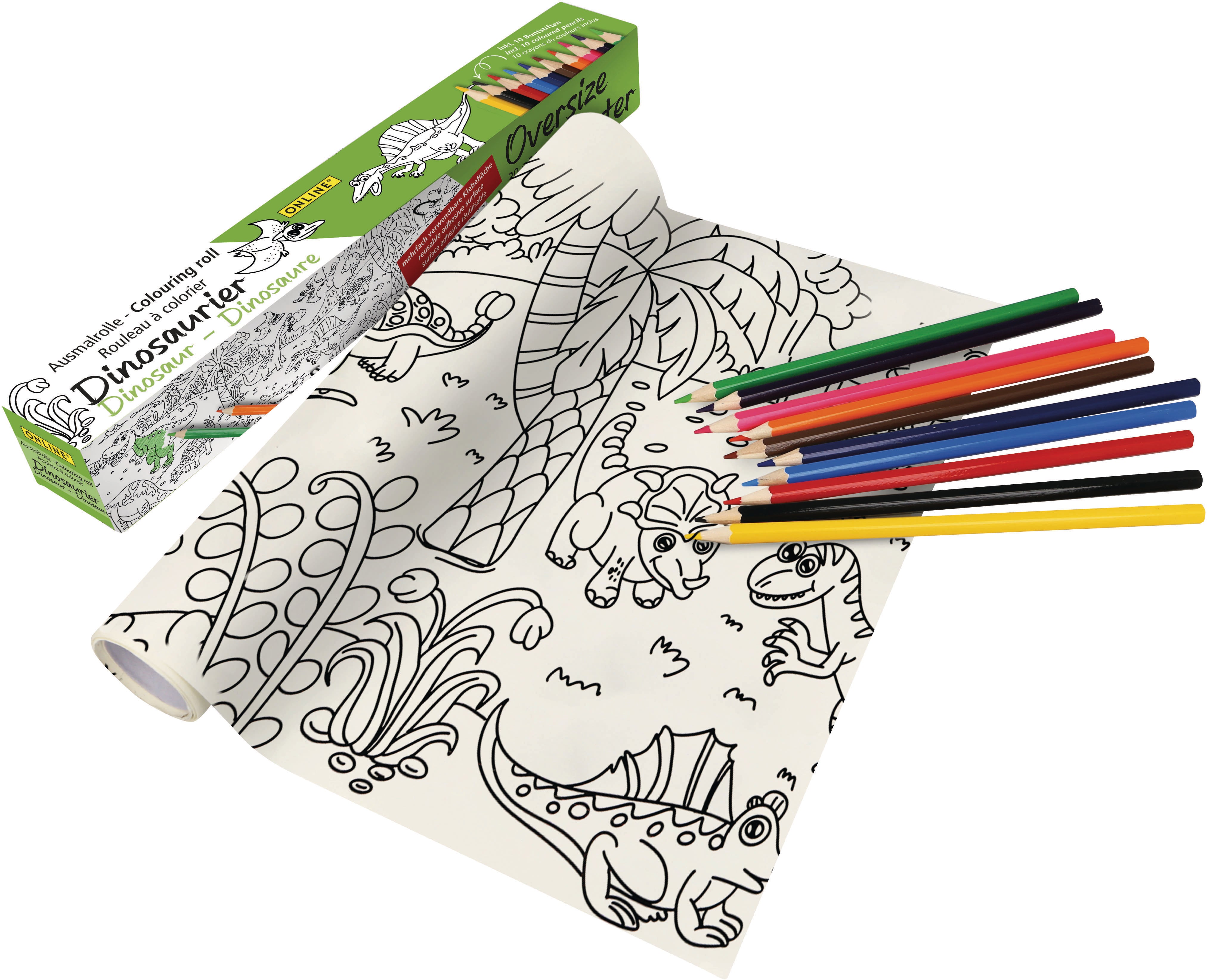 Online Ausmalrolle – 30 cm × 2 m – Dinosaurier, selbstklebend, inkl. 10 Buntstifte