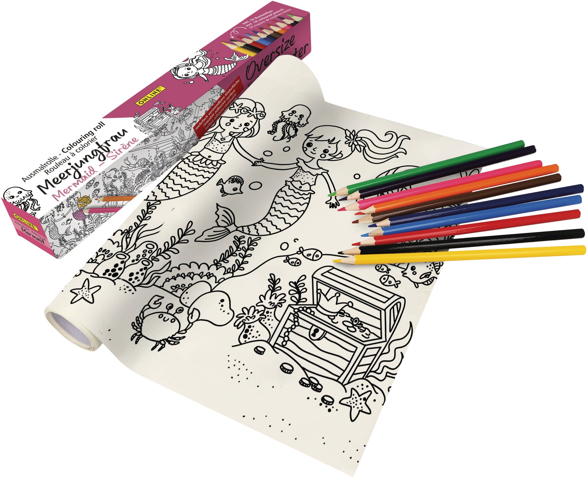 Online Ausmalrolle – 30 cm × 2 m – Meerjungfrau, selbstklebend, inkl. 10 Buntstifte