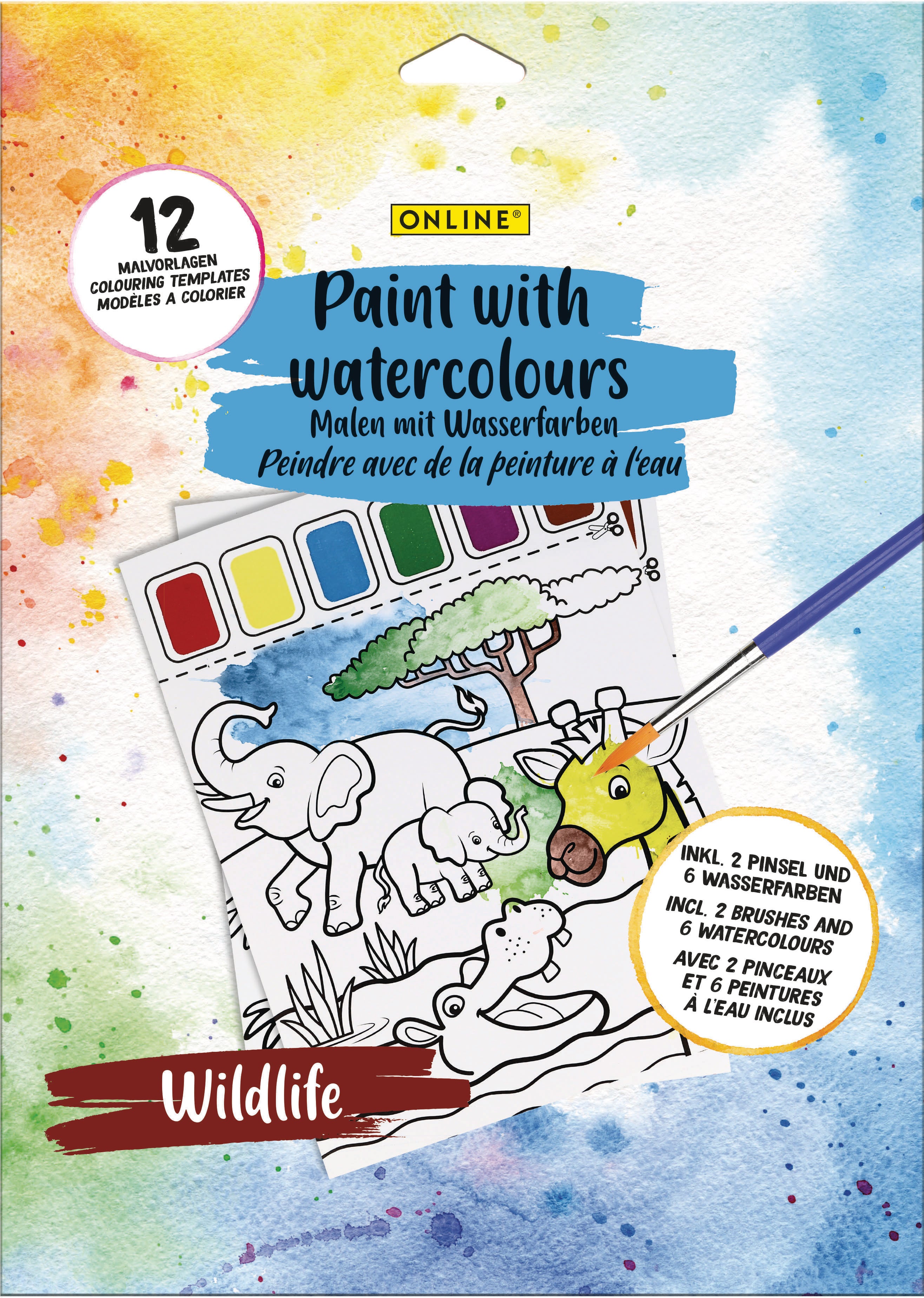 Online Malset Wasserfarbe – Wildlife – inkl. 6 Farben, 2 Pinsel, 12 Malvorlagen