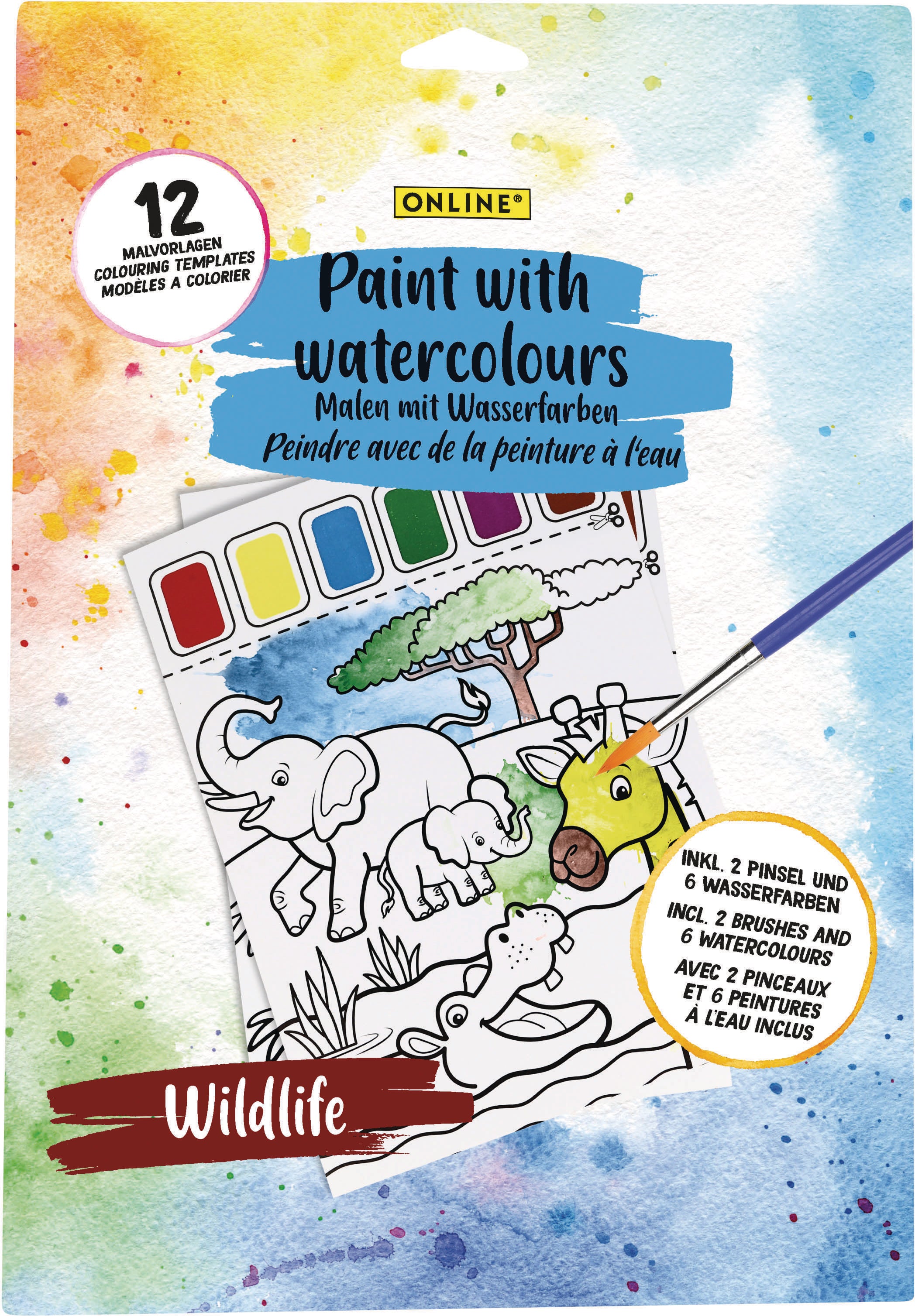 Online Motion Aquarellfarben – 6 Farben – inkl. 2 Pinsel, Malblock (12 Vorlagen)