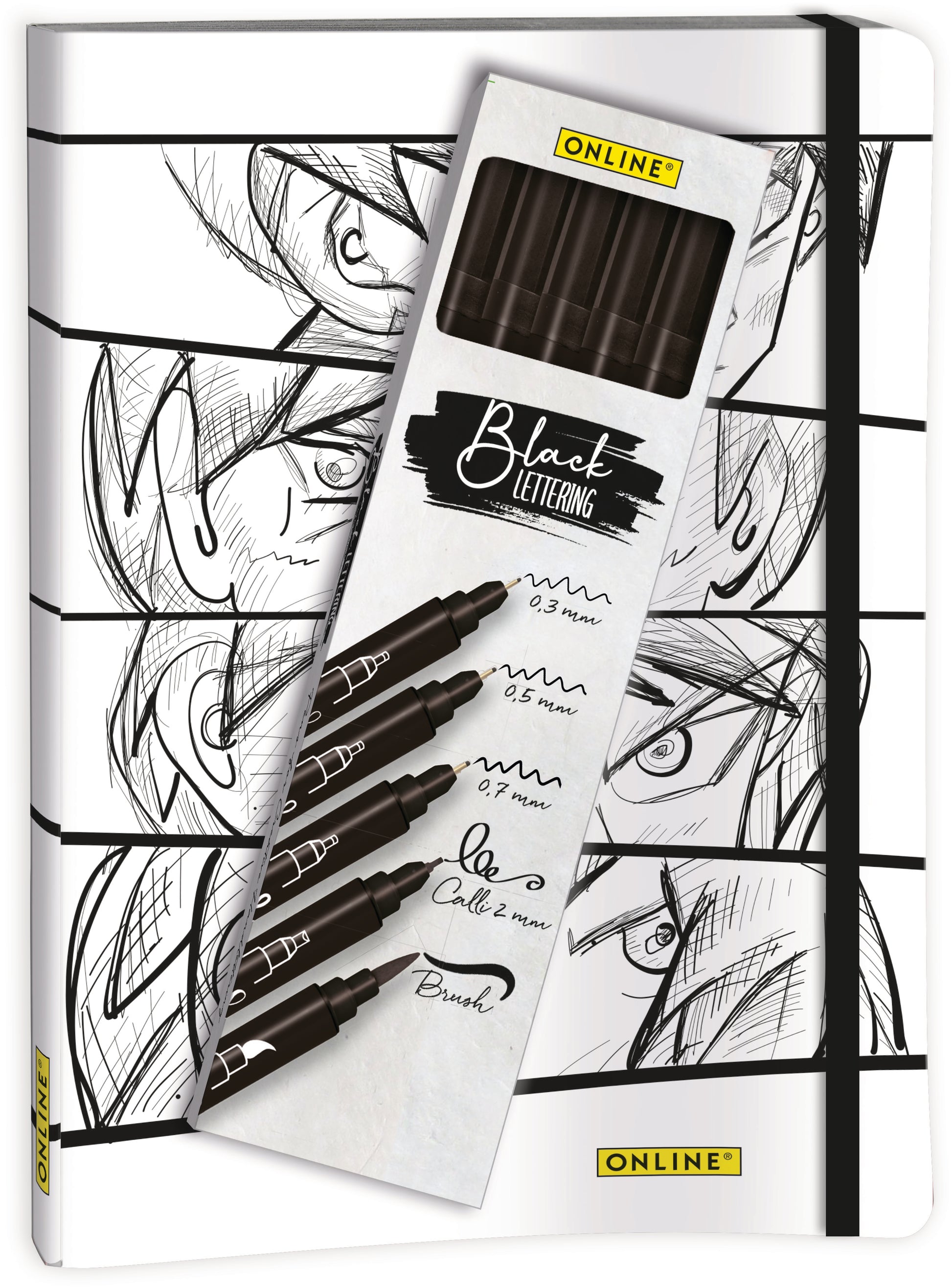 Online Manga Geschenkset – 141 × 210 mm – punktiert – 72 Blatt – 120 g/m², 5 Stifte (inkl. Brush Pen), weiss