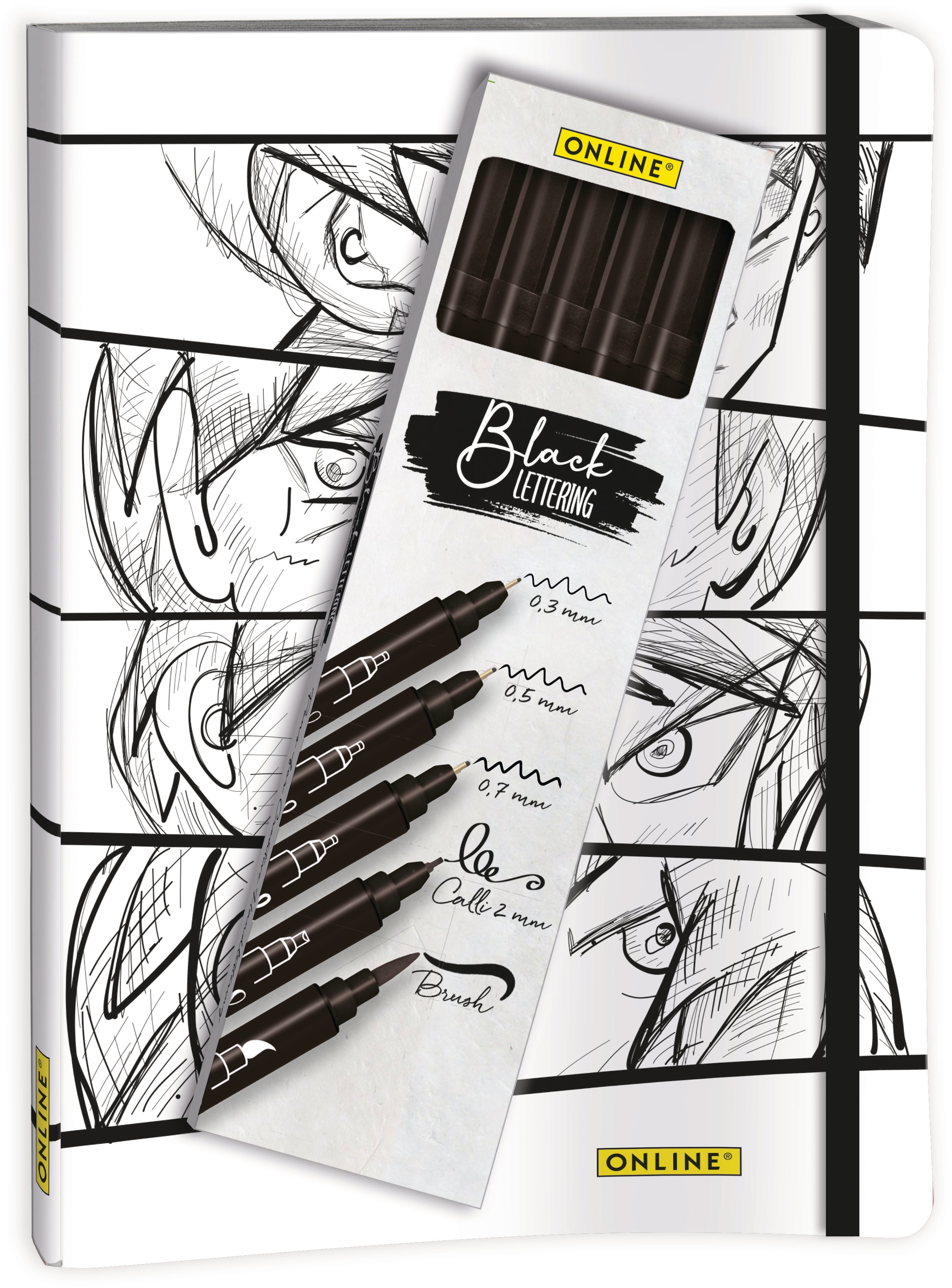 Online Manga Geschenkset – 141 × 210 mm – punktiert – 72 Blatt – 120 g/m², 5 Stifte (inkl. Brush Pen), weiss