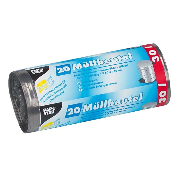 Papstar Kehrichtsack – 30 l, LDPE, grau, 17 µm, 500 × 600 mm, 4 Rollen à 20 Stk