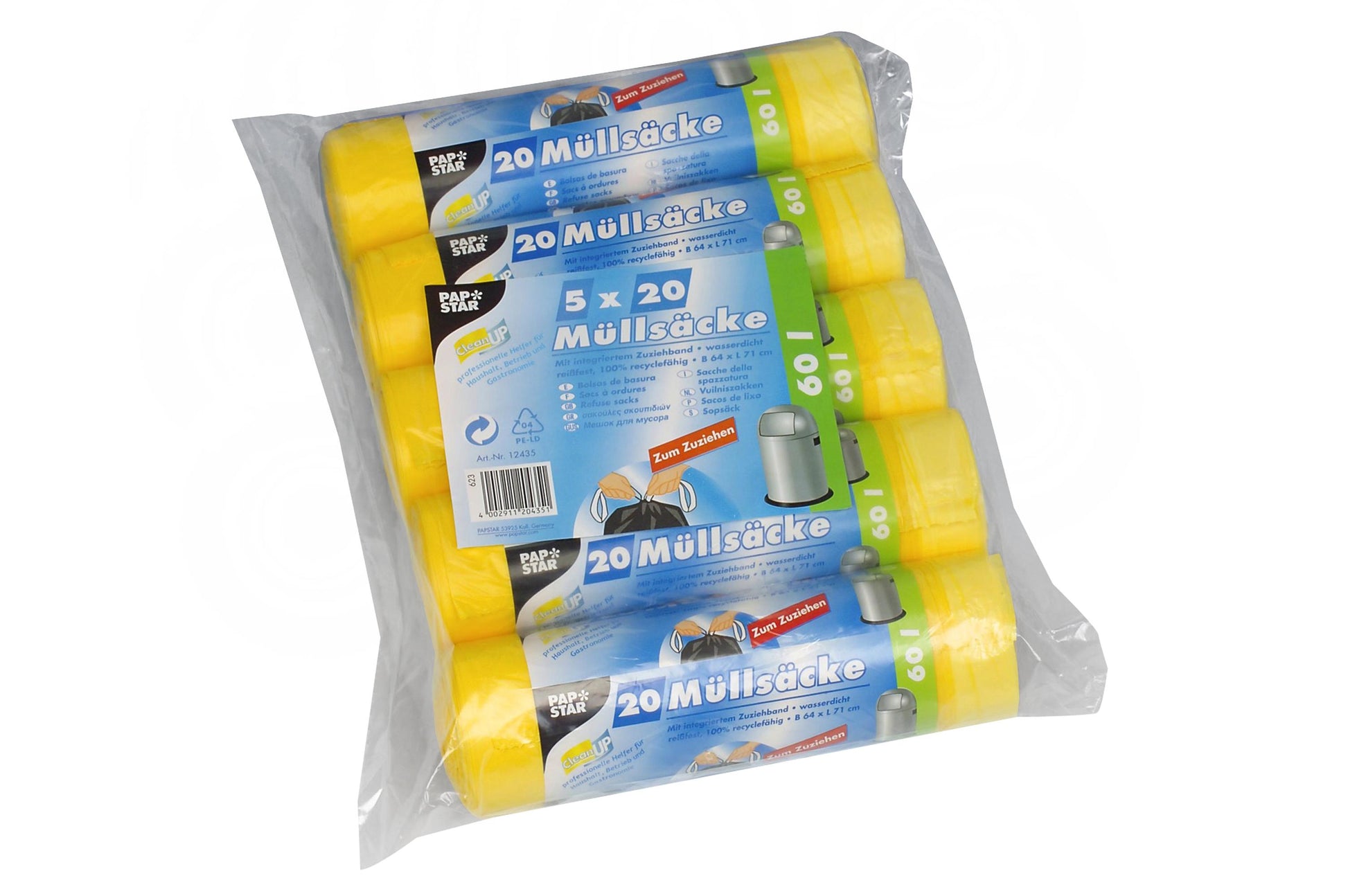 Papstar Kehrichtsack – 60 l, mit Zugband, HDPE, gelb, 18 µm, 640 × 710 mm, 100 Stk