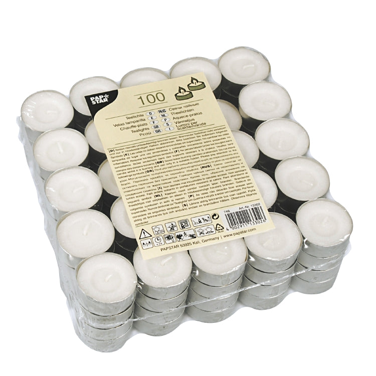 Papstar Teelichter – 100 Stück – Paraffin, weiss – Ø 3,9 × 1,6 cm – ca. 4,5 h
