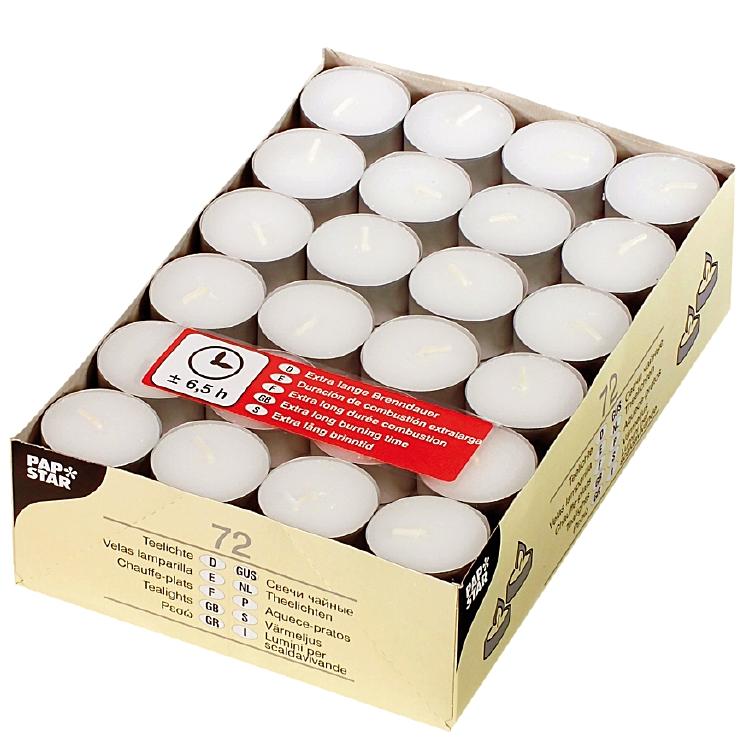 Papstar Teelicht – 72-teilig – Paraffin, weiss – Ø 3,9 × 1,75 cm – ca. 6,5 h Brenndauer