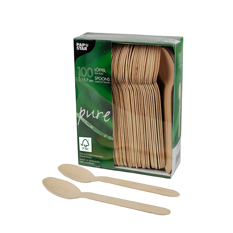 Papstar Holzlöffel pure, 15,7 cm – kompostierbar – 100 Stk.