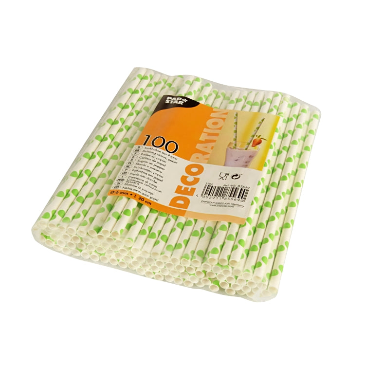 Papstar Papierstrohhalme, Ø 6 mm 20 cm, weiss mit grünen Punkten – FSC – 100 Stk.