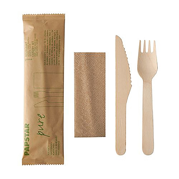 Papstar Besteck-Set 3-teilig, Holz (Birke) – kompostierbar – 50 Stk.