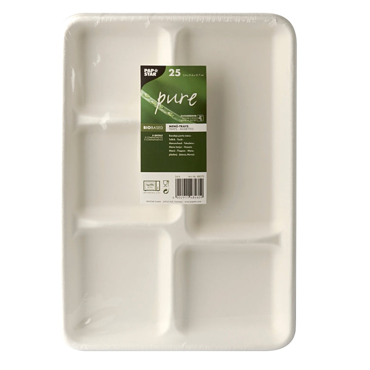 Papstar Teller, Bagasse (Zuckerrohr), rechteckig, 5-geteilt – 31,7 × 21,6 cm – 25 Stk.