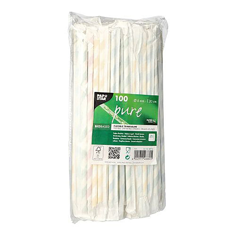 Papstar Papierstrohhalme, Ø 6 mm 20 cm – Streifen, farbig assortiert – FSC – 100 Stk.